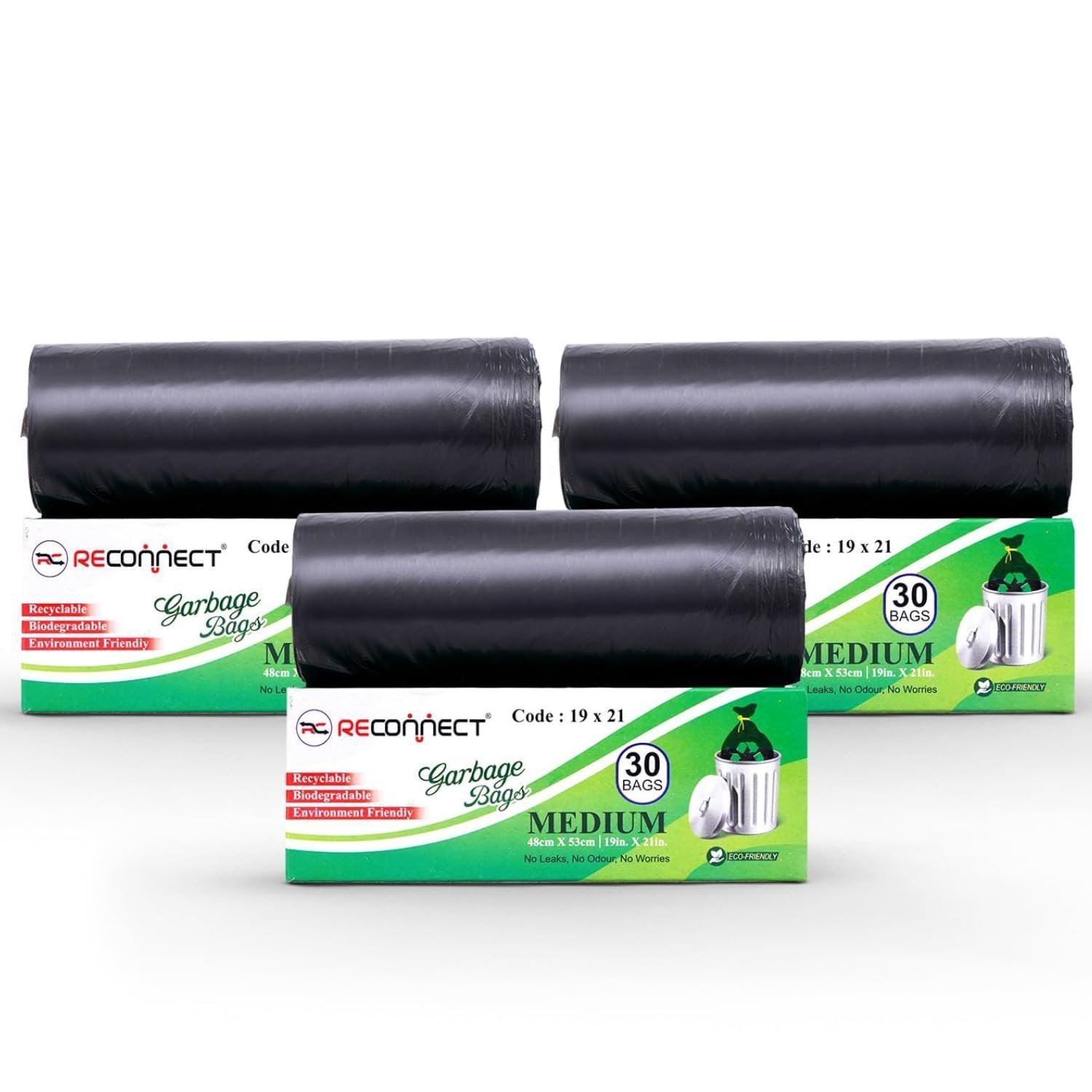 Reconnect Garbage Bags Medium Size Dustbin Bag 19 x 21 Inches | 90 Pcs Pack of 3 | Heavy Duty Leak Proof Trash Bags for Home Kitchen Use