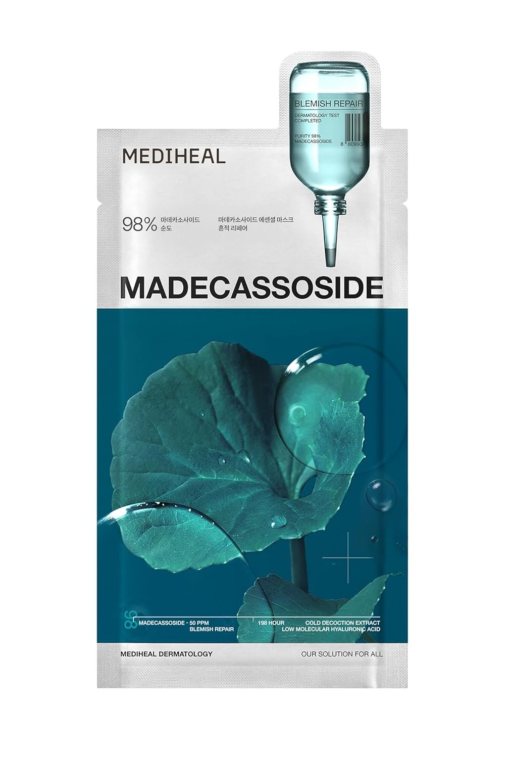 MEDIHEAL Madecassoside Essential Mask Blemish Repair (1 Sheet) Korean Sheet Mask with 98% Purity Madecassoside & Hyaluronic Acid, Redness Relief, Skin Barrier Repair, Deep Hydration, Improves Skin
