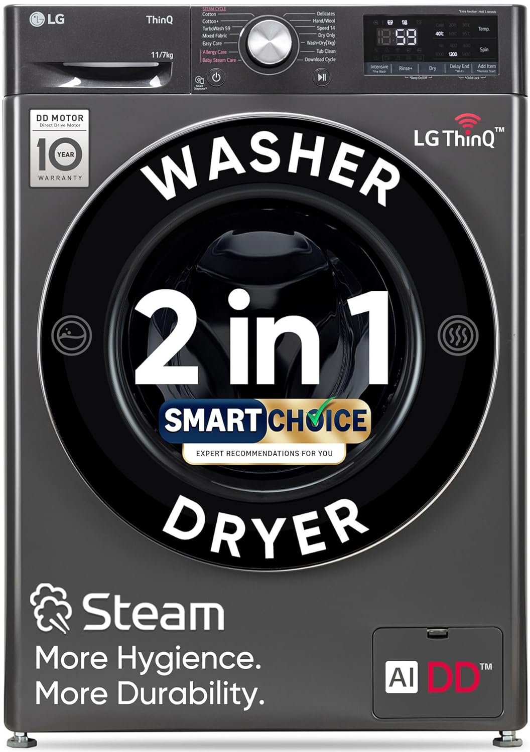 LG Smart Choice,11 Kg (Wash)/7 Kg (Dry), AI Direct Drive Technology, Steam, 6 Motion DD & Wi-Fi Front Load Fully Automatic Washer Dryer (FHD1107SWM, Intelligent & Convenient Fabric Care, Middl