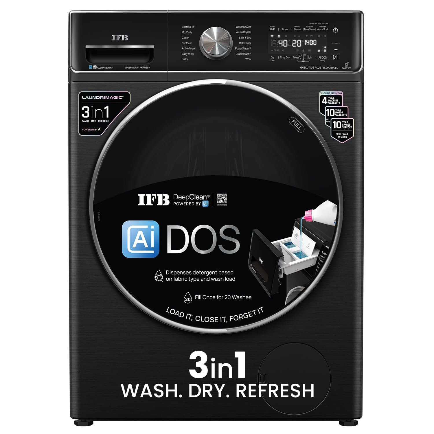 IFB 11/7/3 kg Fully Automatic Washer Dryer Refresher with Steam Refresh, AI DOS, 100% Dry Clothes, 9 Swirl Wash Mimic Handwashing, WiFi & Eco Inverter Motor (WDR Executive Plus ZBG, Black)