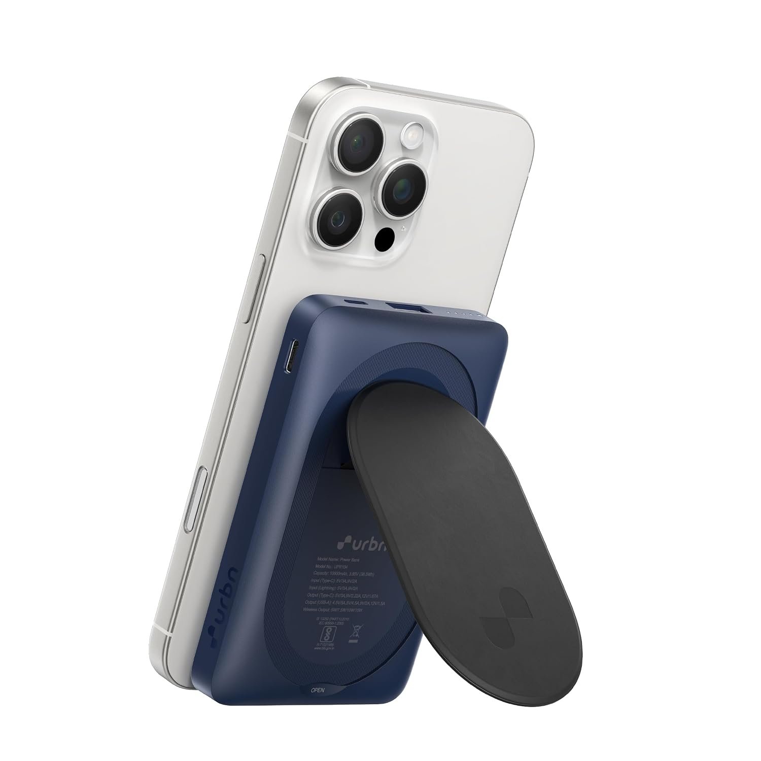 URBN 10000Mah Sleek Magsafe Power Bank With Kickstand | 15W Fast Wireless & 20W Wired Charging | Strong Magnetic Hold | Dual Input Lightning Triple Output|Pass-Through Charging (Blue) USB Type-C I