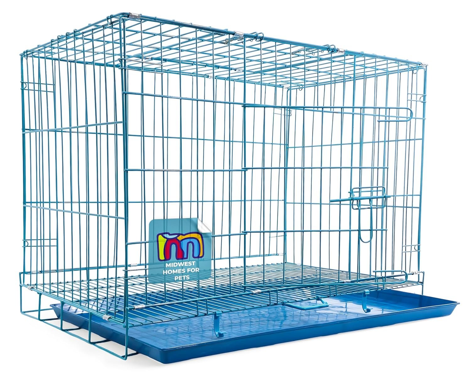 Midwest Dog Crates Cage Kennel 24 Inch - Age 2-4 Month & Adult Cats Crate (24Lx17Wx18H) - Sturdy Metal Construction - Portable & Foldable Design - Blue Color