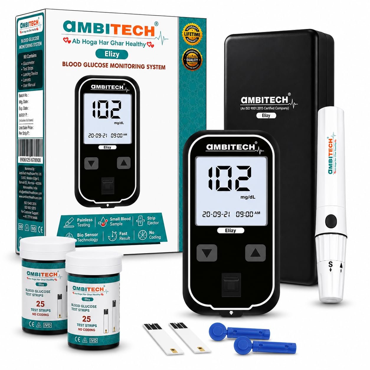 AmbiTech Elizy Blood Glucose Meter Kit with 25 strips and 25 lancets (Made in India) (Life time warranty) Glucometer (Black)
