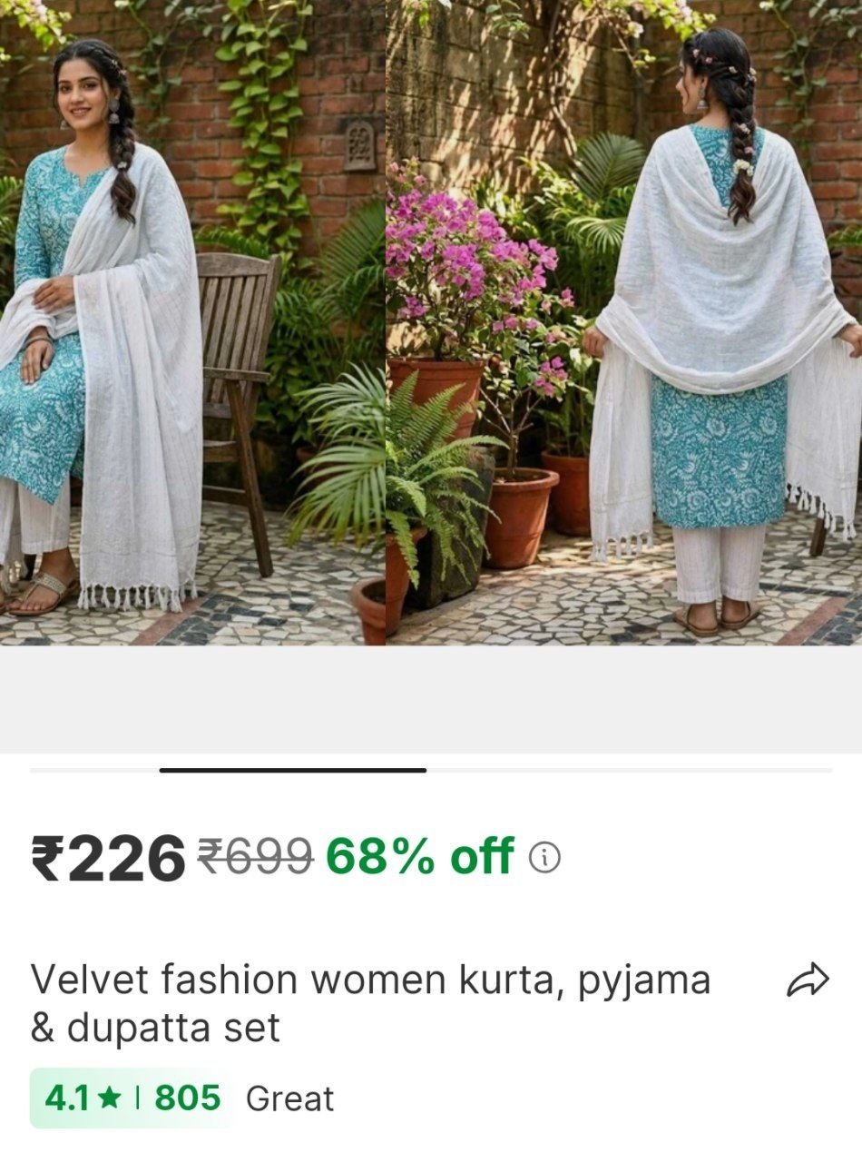 velvet fashion women kurta pyjama dupatta set