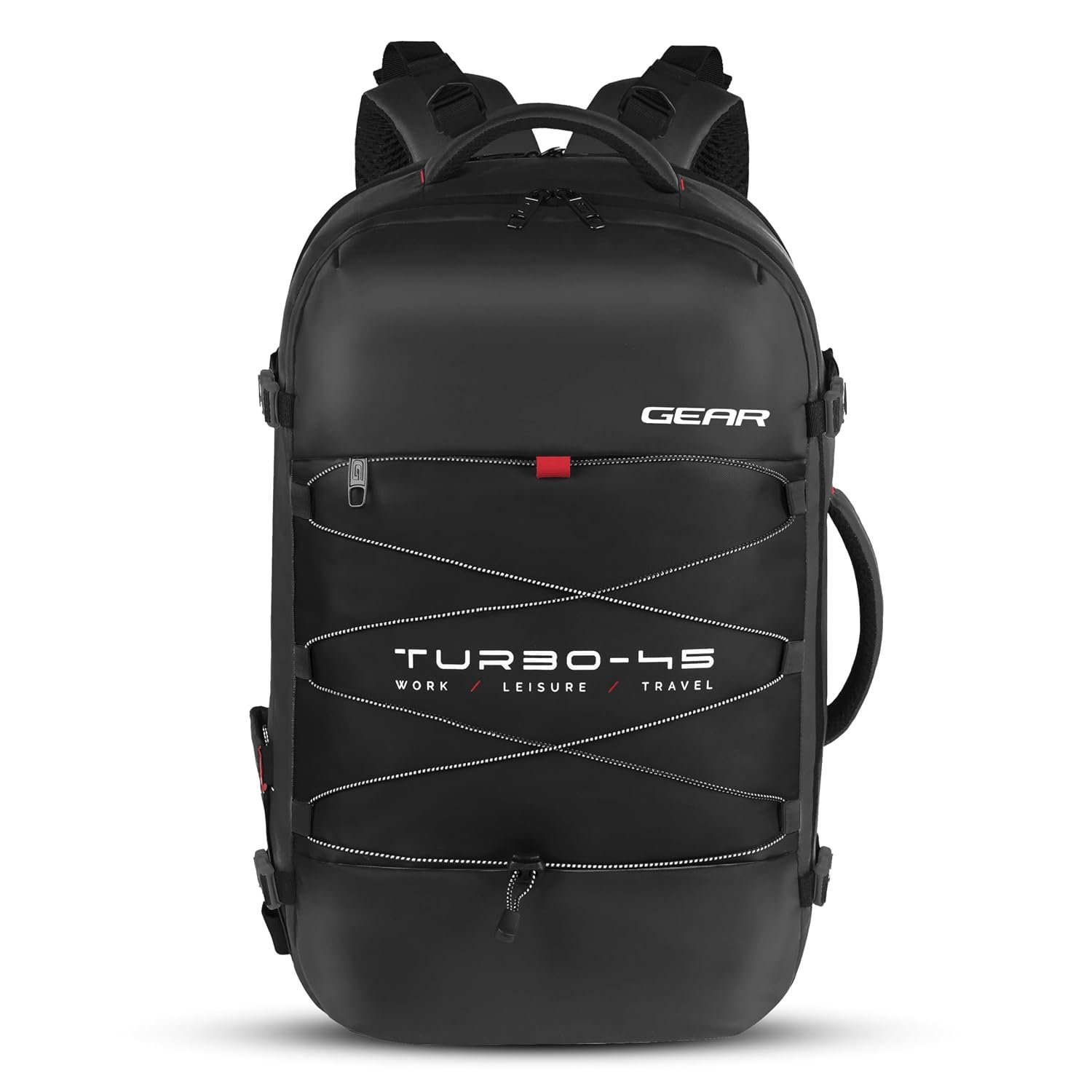 Gear Turbo 21"/45L Large Water Resistant Anti theft Laptop Backpack with Raincover | Backpack | Daypack |Briefcase | Travel Bag For Men/Women (Black - Black)