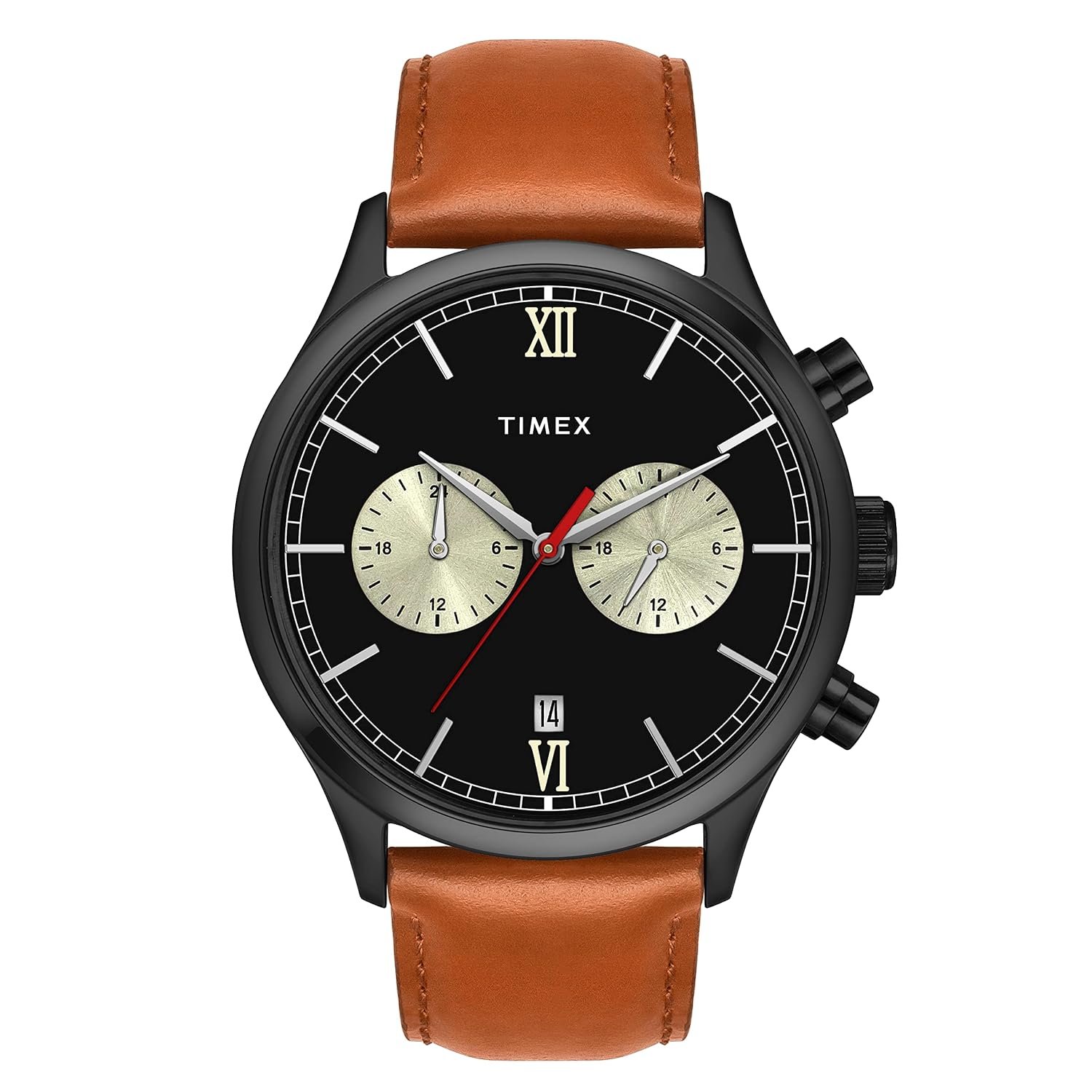 TIMEX Analog Watch for man with Black Round Dial & Tan Leather Strap Band Water Resistant Men's Wrist Watches - TWEG19808