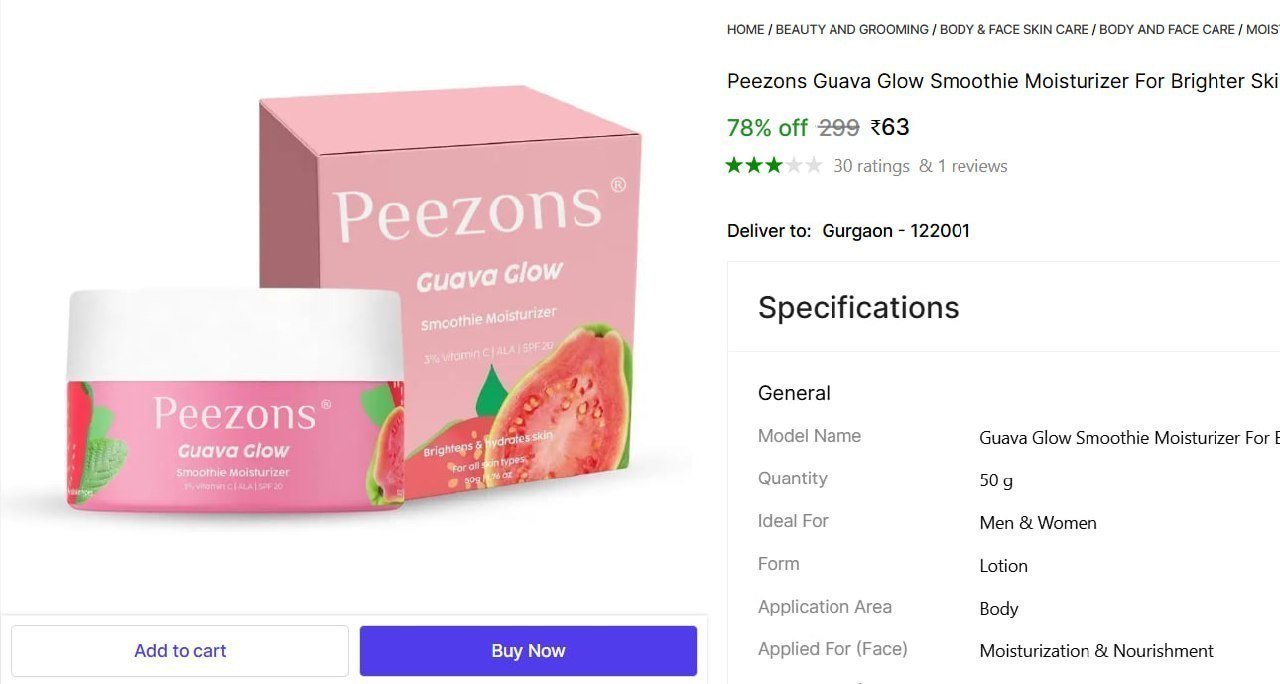 peezons guava glow smoothie moisturizer brighter skin vitamin c ala