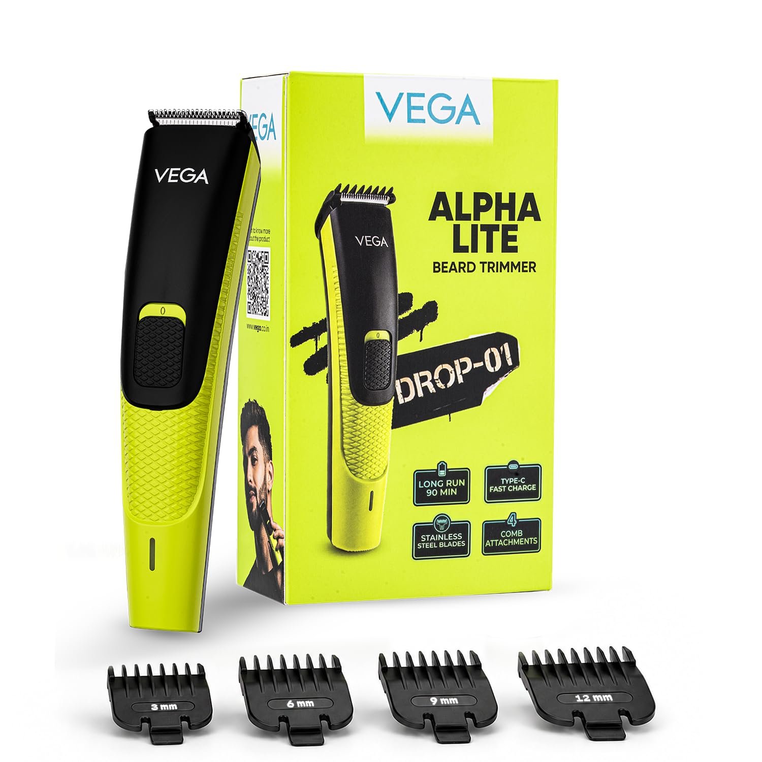 VEGA Alpha Lite Beard Trimmer for Men, Self-Sharpening Blades, Trimmer for Man, 4 Comb Attachment, Up to 6 Weeks Runtime 1 Charge, USB Type-C 2X Fast Charging, 2 Yrs Warranty(VHTH-44)
