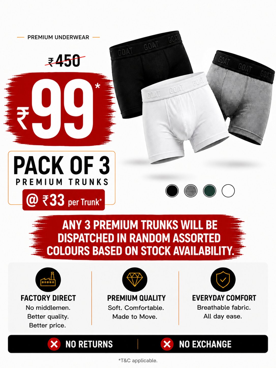 GOAT Premium Men's Trunks Pack of 3 | ₹99 Deal