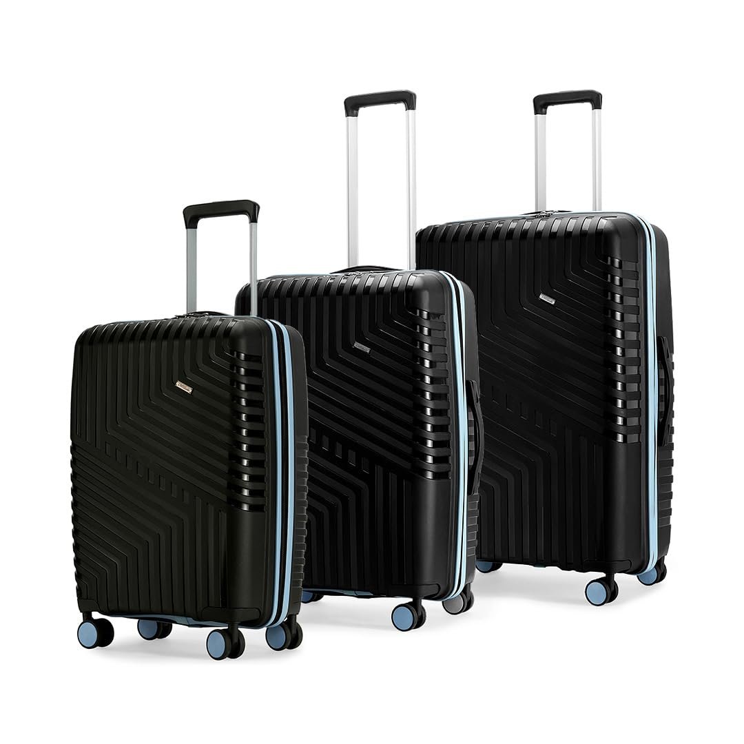 Core Set of 3 Trolley Bags Cabin + Medium + Large Polypropylene Hard Suitcase, 8 Spinner Wheels, Recessed Number Lock, Luggage for Men & Women Midnight Black/Arctic Blue