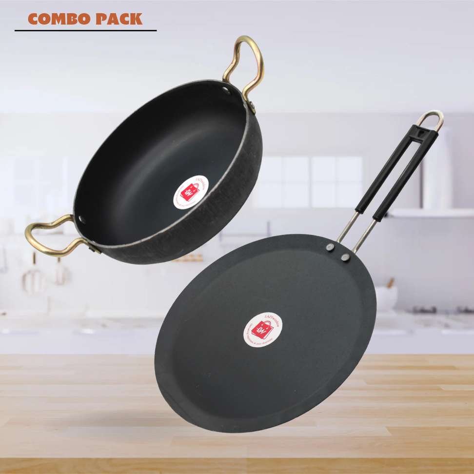 lazywindow traditional iron tawa induction base deep bottom kadhai combo pack induction cookware set