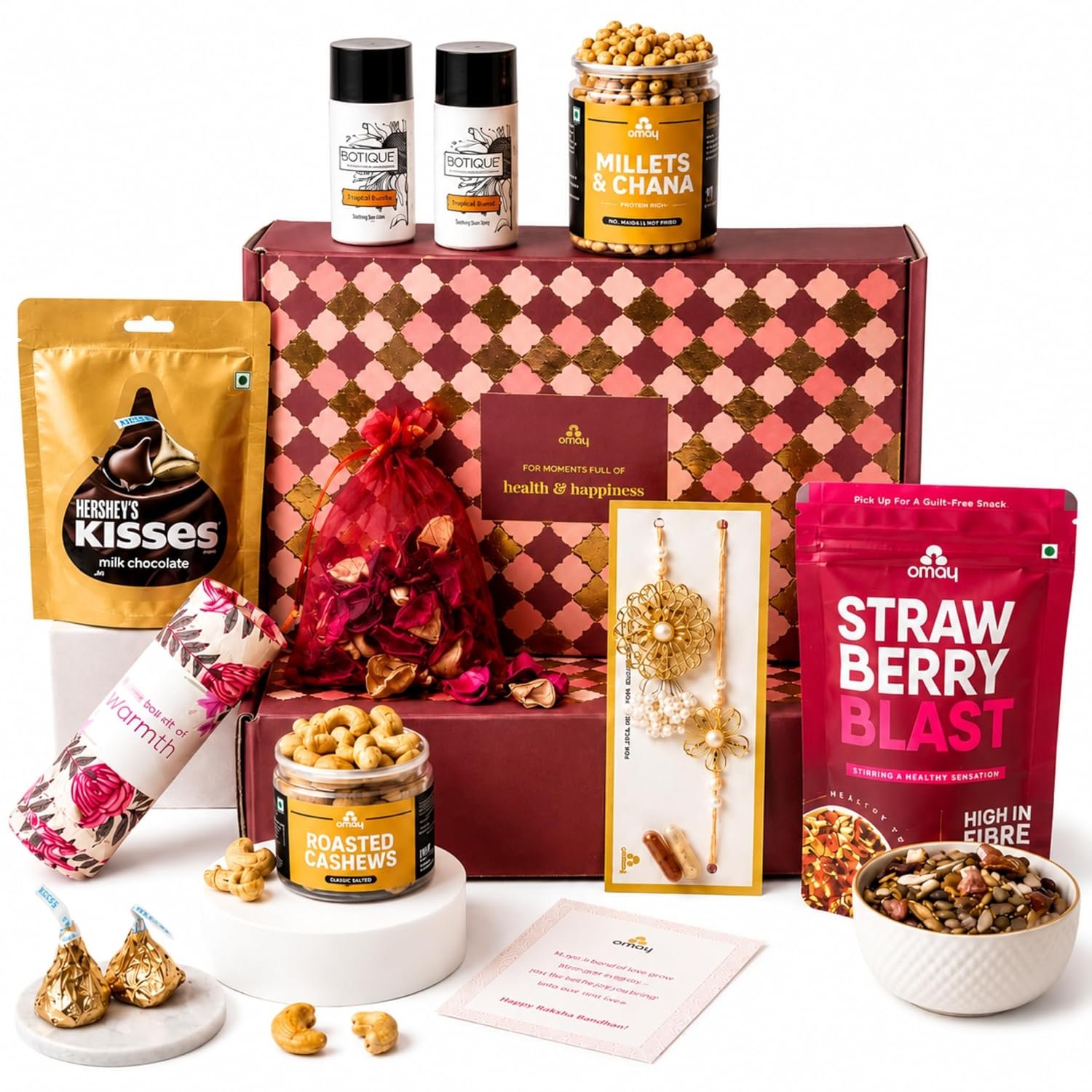 Omay Foods The Perfect Pair Rakhi Gift Hamper for Bhaiya Bhabhi | 10 Pcs | Roasted Snacks, Hersheys Chocolate, Biotique Skincare & Cotton Scarf | Premium Couple Rakhi Gift for Brother and Bhabhi