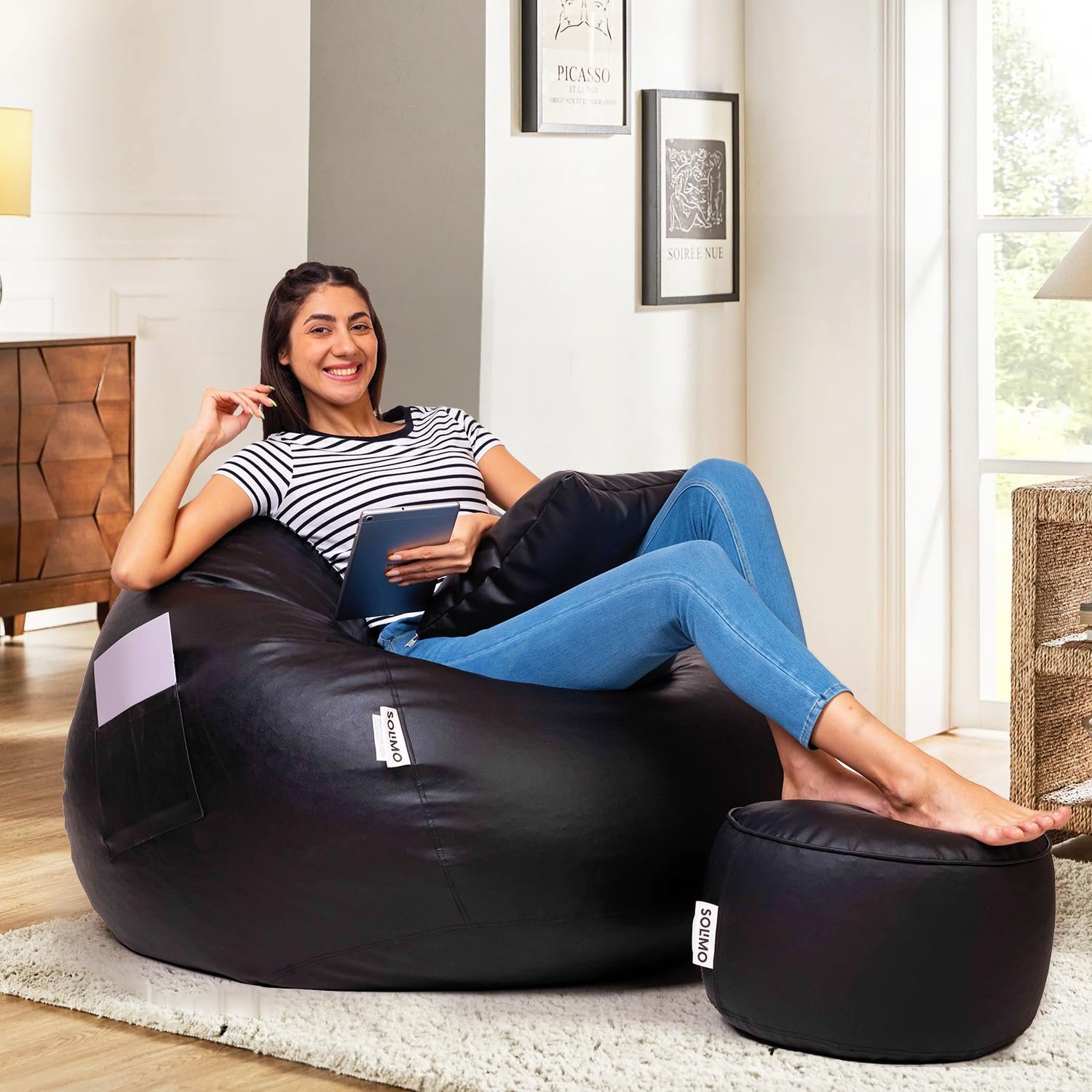 Amazon Brand - Solimo XXXL Leatherette Bean Bag with Footrest Combo with Cushion & Side Pocket (Black)_Filled with Beans