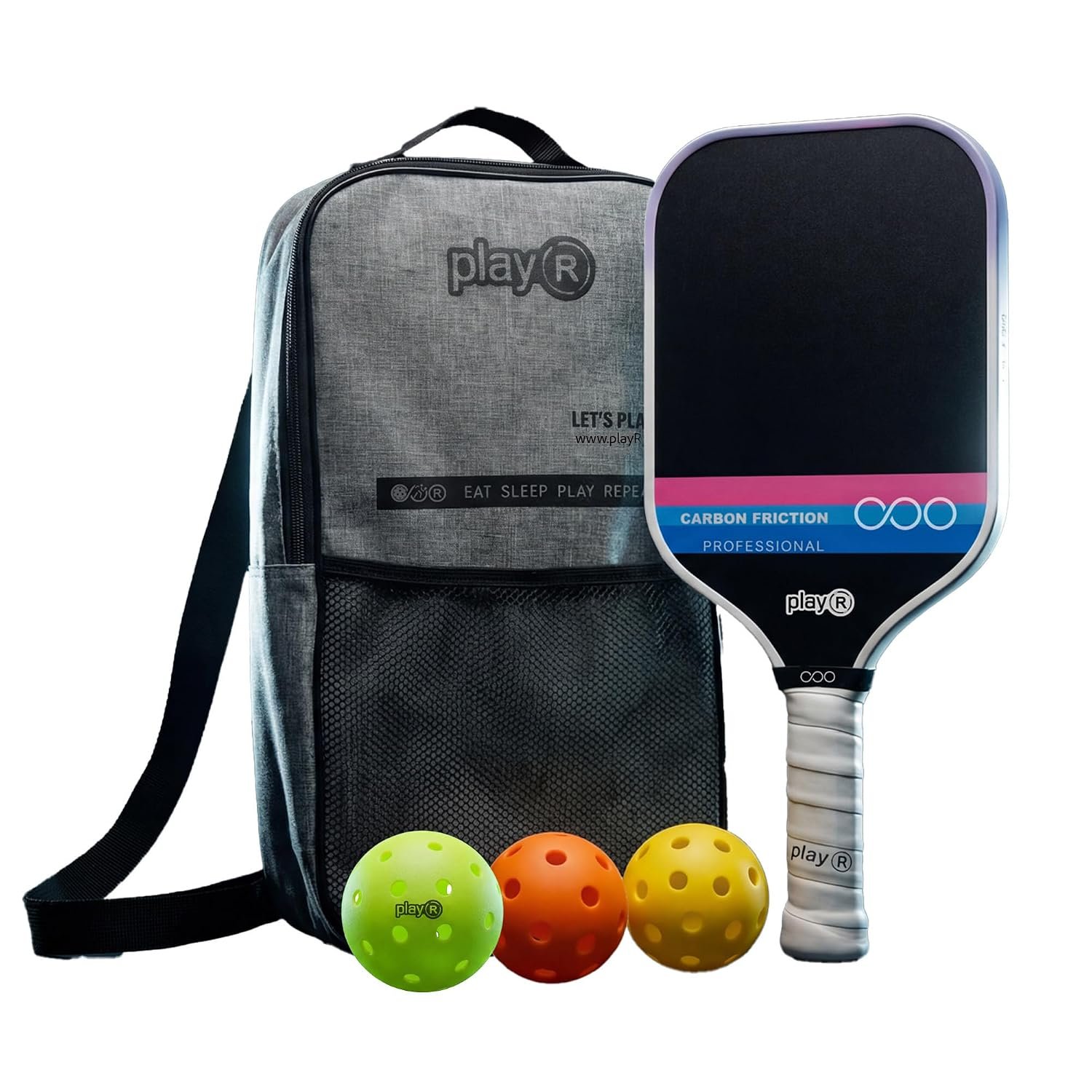 playR Pickle Ball Set of 5 Item – Professional Friction Carbon Fiber Paddle, Essential 40 Hole, Rotational 40 Hole, Essential 26 Hole Balls & Carry Bag, Outdoor Game for Kids, Adult