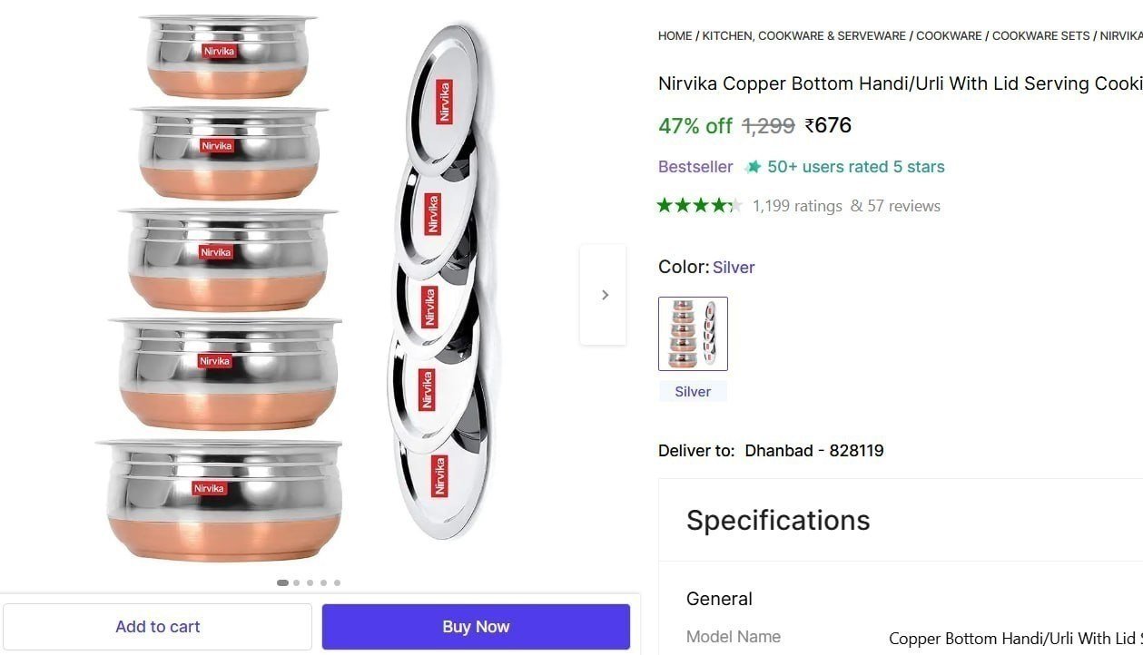 nirvika copper bottom handi urli lid serving cooking gifting set 5 piece cookware