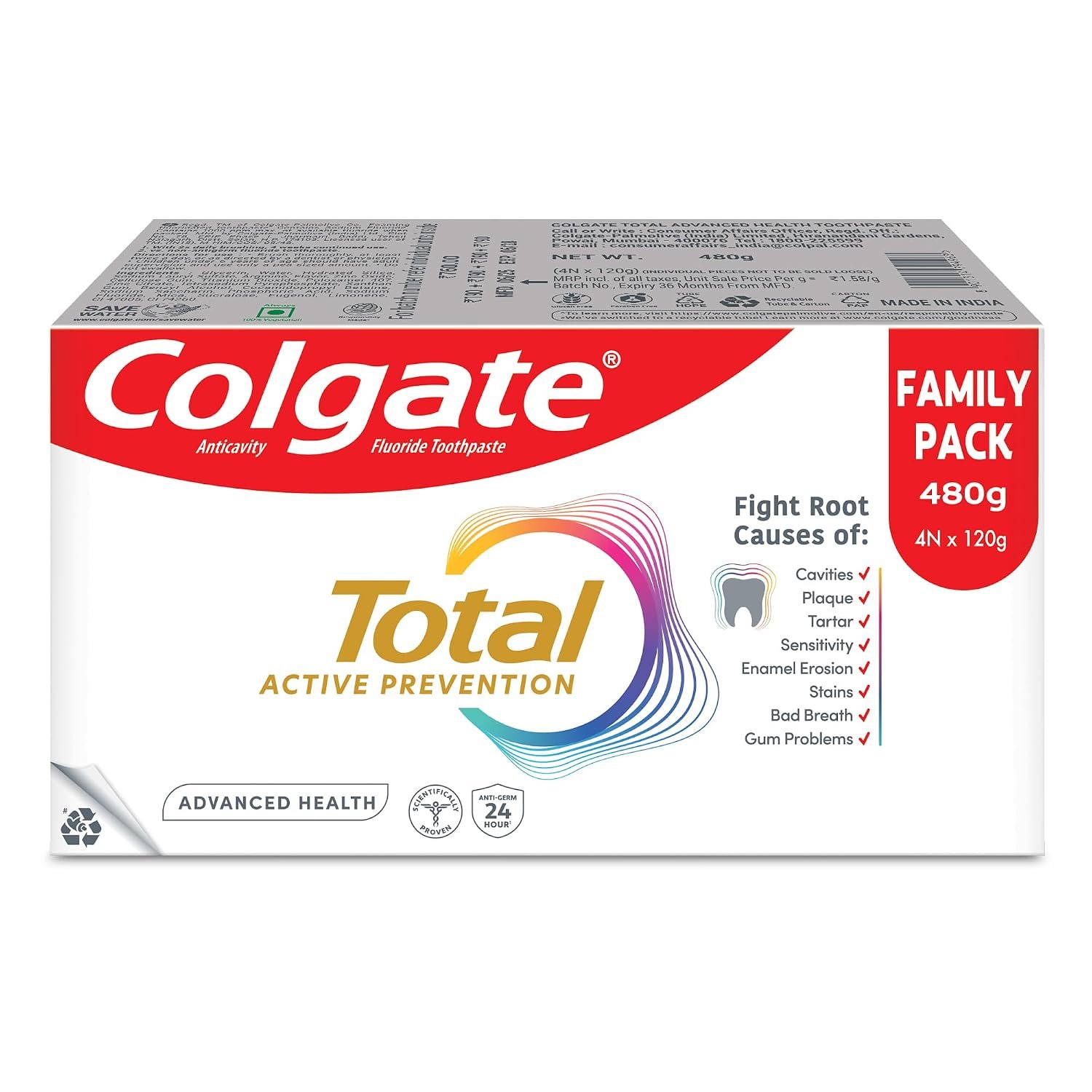 Colgate Total Advanced Health Anti-germ Toothpaste, 480g, Tooth Paste with 12-Hour Anti-Germ Protection & Enamel Protection for Whole Mouth Health (Combo Pack Offer)