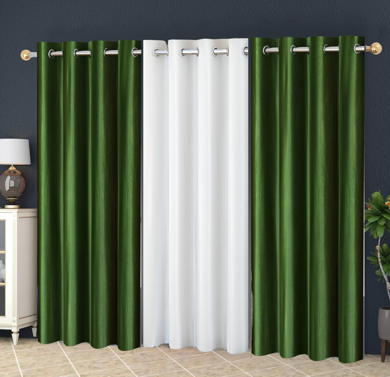 Eyelet Polyester Modern Solid Crush Set of 3 Pcs. Window Curtains (5 Feet, 2 Dark Green + 1 White)
