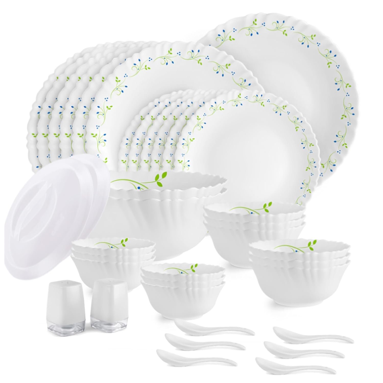 CELLO Tropical Lagoon Dazzle Series Opalware Dinner Set of 37 Pieces For Family of 6 | Bone-Ash Free & Leadfree Opal Glass, Microwave & Dishwasher Safe Plates & Bowls Crockery Set For Dini