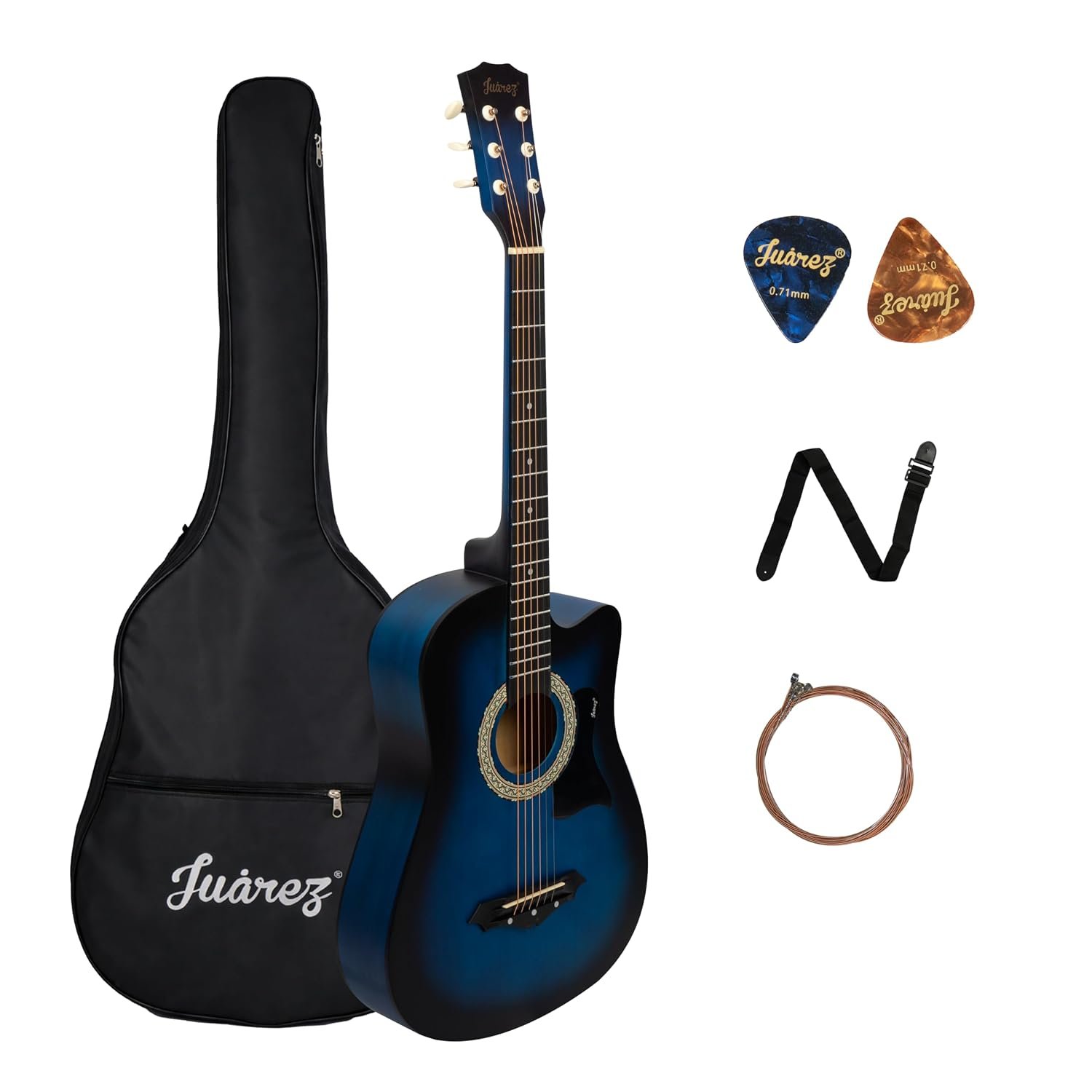 JUAREZ 38 Inch Cutaway Acoustic Guitar Kit with Pick Guard | ABS Neck & Fingerboard | Linden Wood Body | Steel Strings | Blue Sunburst | Guitar Bag, Strap, Picks & Spare Strings, JRZ38CAB-TBS-