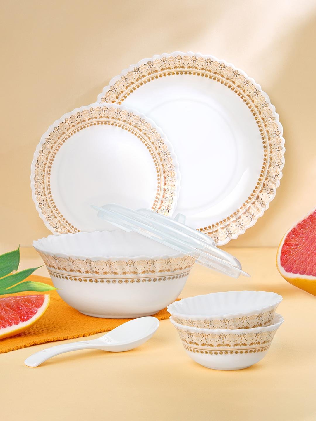 Buy Larah By BOROSIL Jupiter Halo Silk Series White Ethnic Motifs Opalware Microwave Safe 34 Piece Dinner Set -  - Home for Unisex
