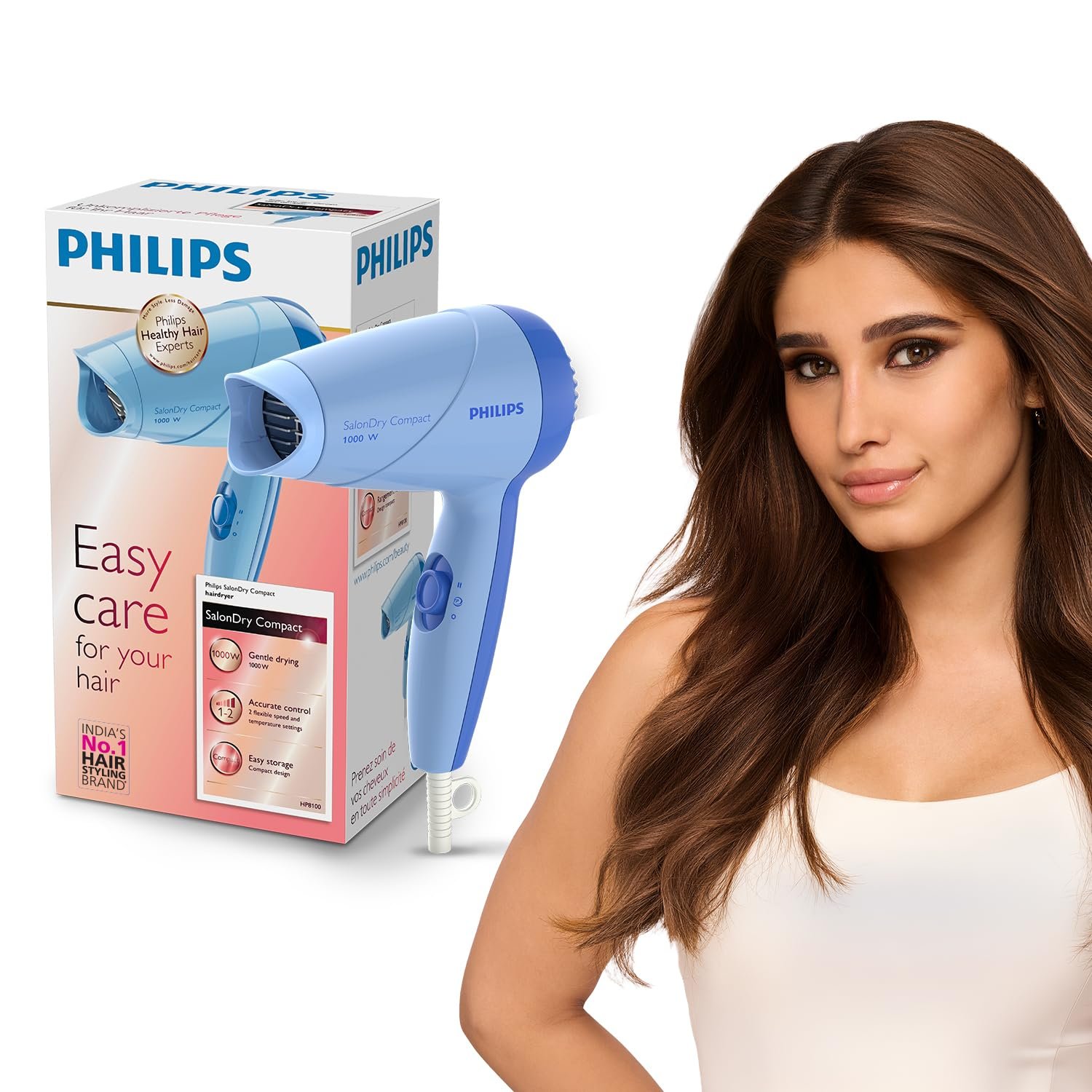 Philips India's No.1 Hair Styling Brand -Hair Dryer 1000W |Blow Dry for Men & Women | 2 Heat Settings| ThermoProtect tech |Travel-Friendly, Quick Dry, Frizz Control | For Indian Hair | HP8100/