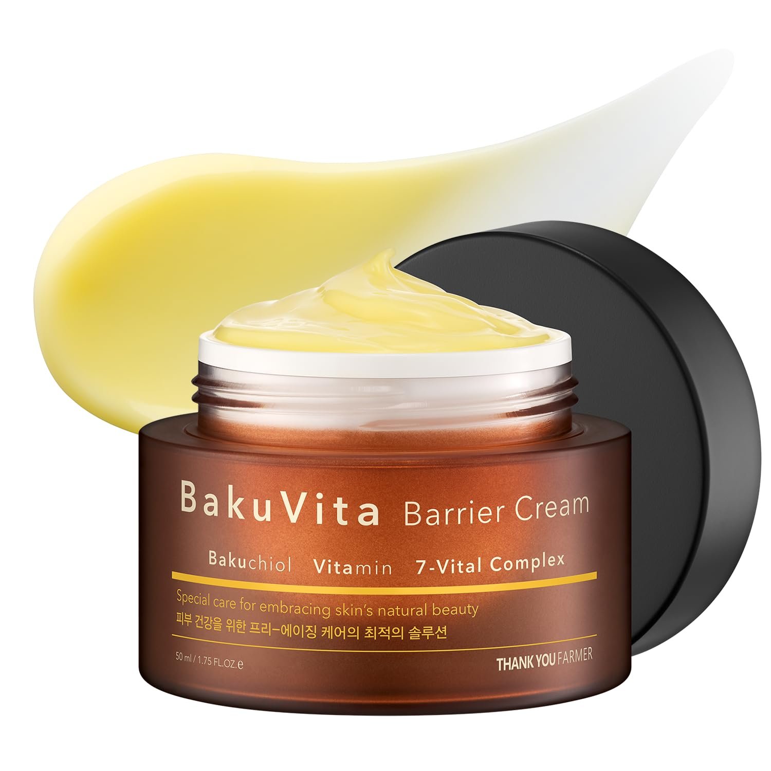 THANKYOU FARMER Bakuvita Barrier Cream (50ml) Day & Night Korean Moisturizer with Bakuchiol Retinol Alternative, Vitamin C + E, Deep Hydration, Skin Barrier Repair, Radiant Glow, Lightweight, Non-