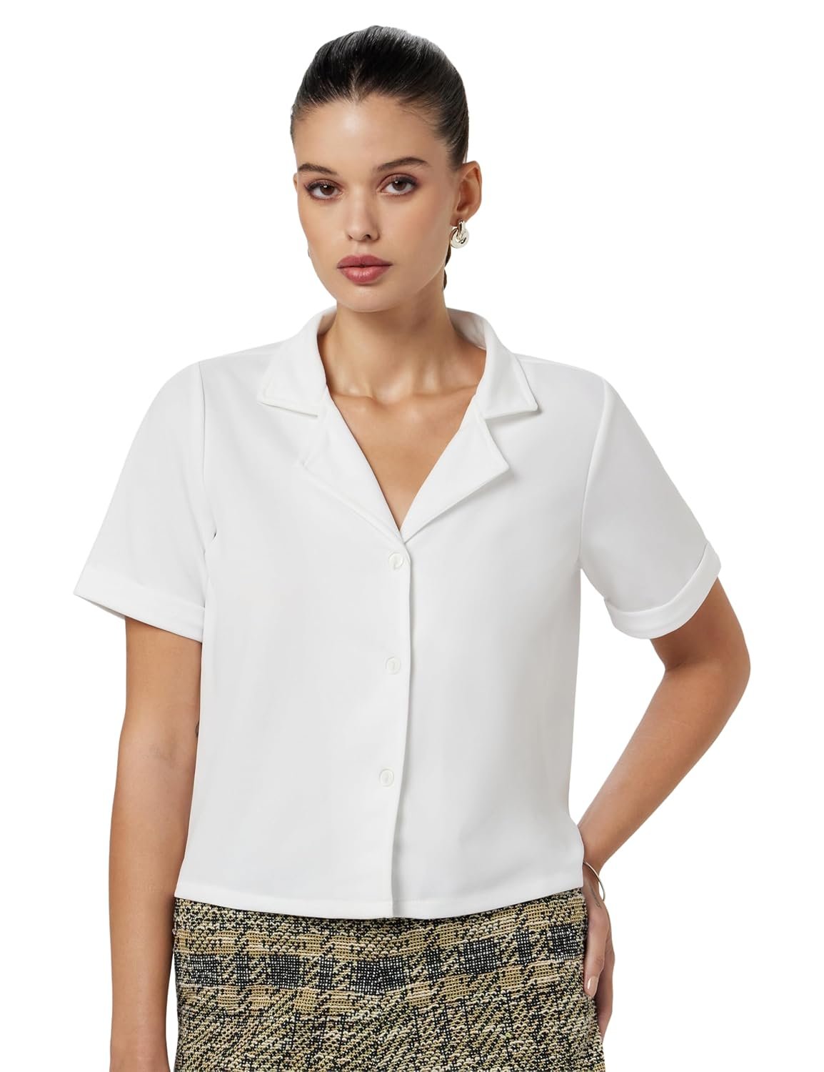 Athena Lifestyle White Roll-Up Sleeves Solid Formal Top