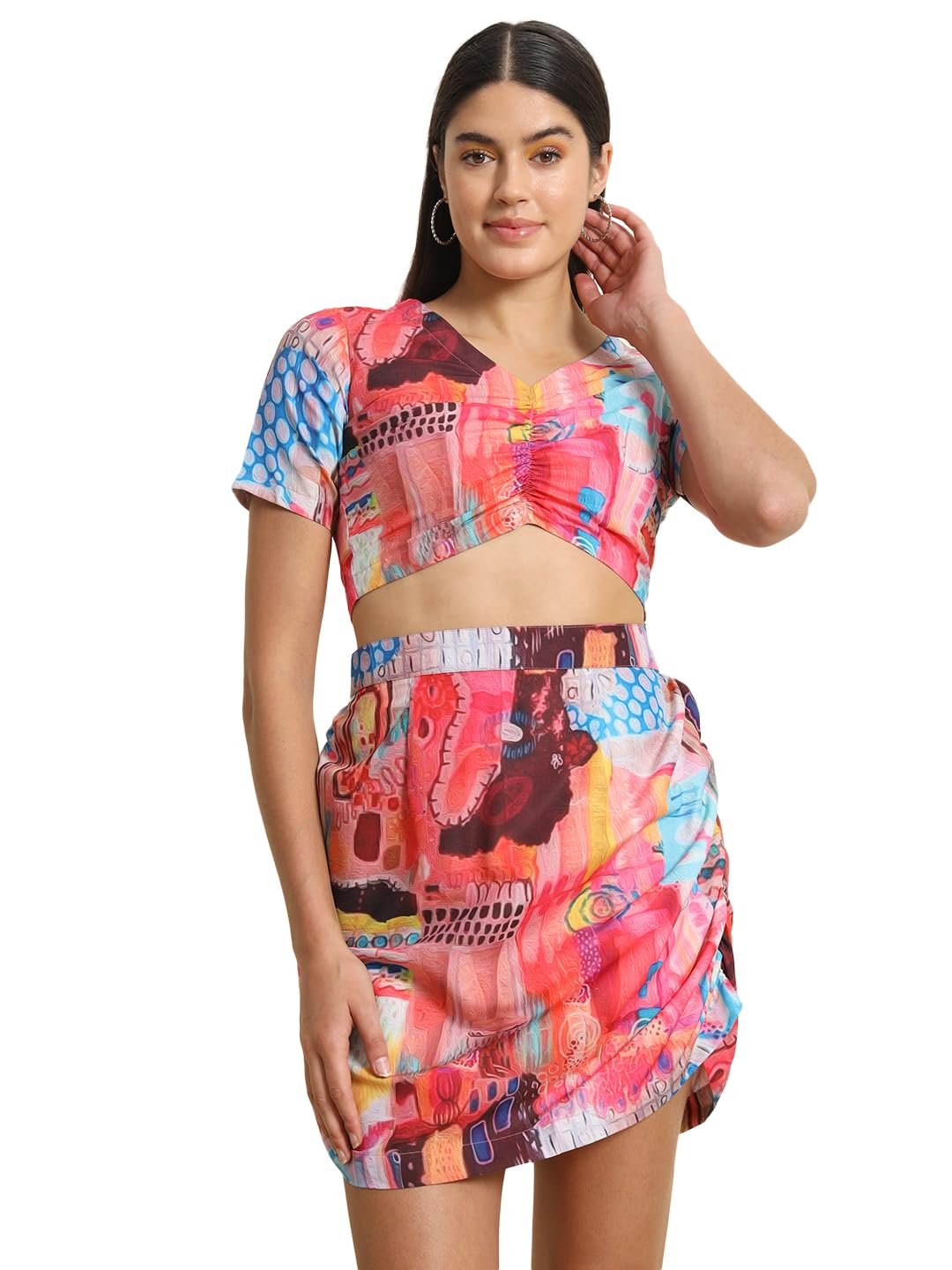 Womens 2-Piece Printed Coord Set | Crop Shrit & Skirt-Short Dress