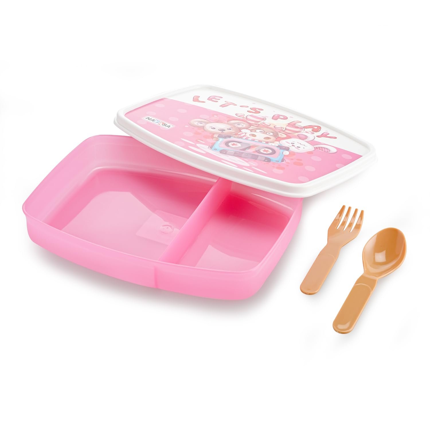 Nayasa Witty Deluxe Mini 2 Compartment Lunchbox | BPA Free and Food Grade Plastic Tiffin | Cute Cheerful Animal Print | 450 ML | Pink