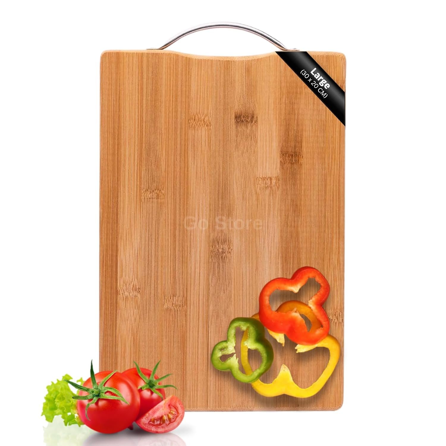 Go Store Large Non-Slip Wooden Bamboo Cutting Board with Antibacterial Surface with Stainless Steel Handle, Chopping Board for Kitchen, Cutting Board for Kitchen (Wood)