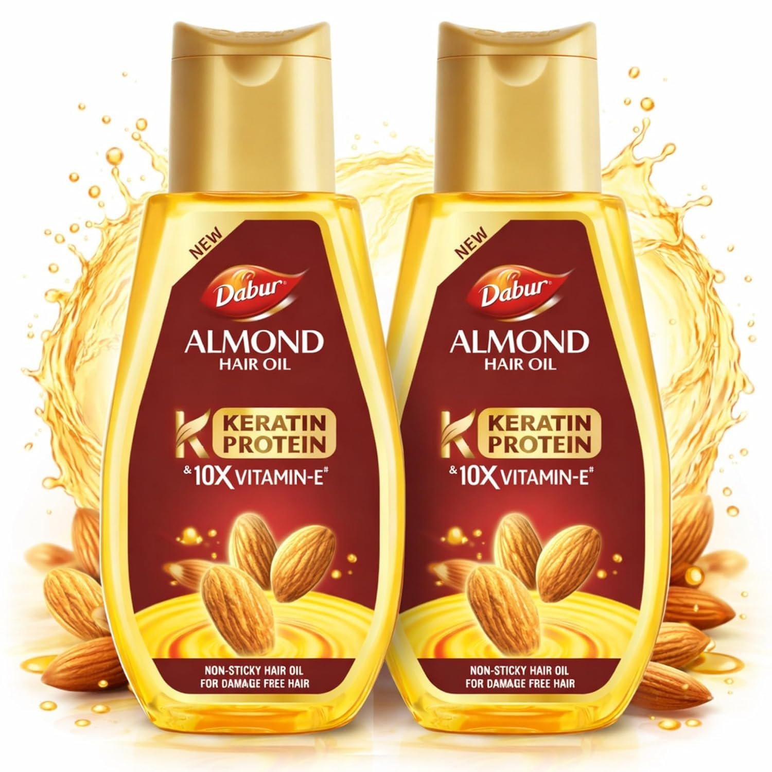 Dabur Almond Hair Oil - 500ml | Provides Damage Protection | Non Sticky Formula | For Soft & Shiny Hair | With Almonds, Keratin Protein, Soya Protein & 10X Vitamin E (Pack of 2)