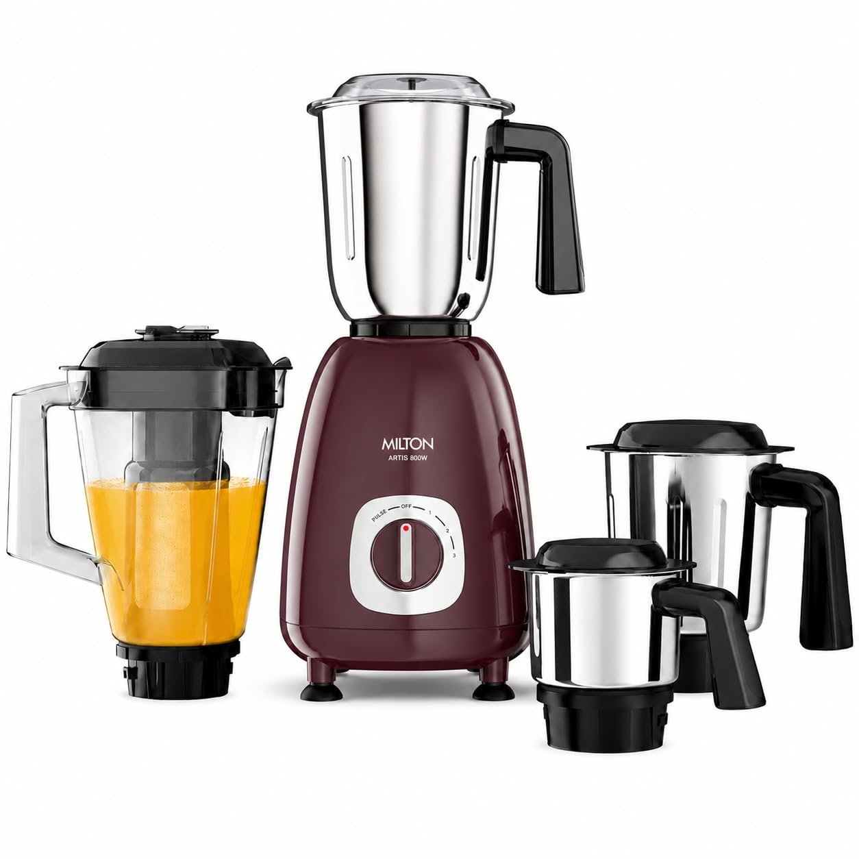 Milton Artis Mixer Grinder, ISI Certified, Grindstone Blade Technology, 3 Jar + 1 Blender Jar, 800 W (21000 RPM), 5 yr motor warranty, 2 yr product warranty I Wine