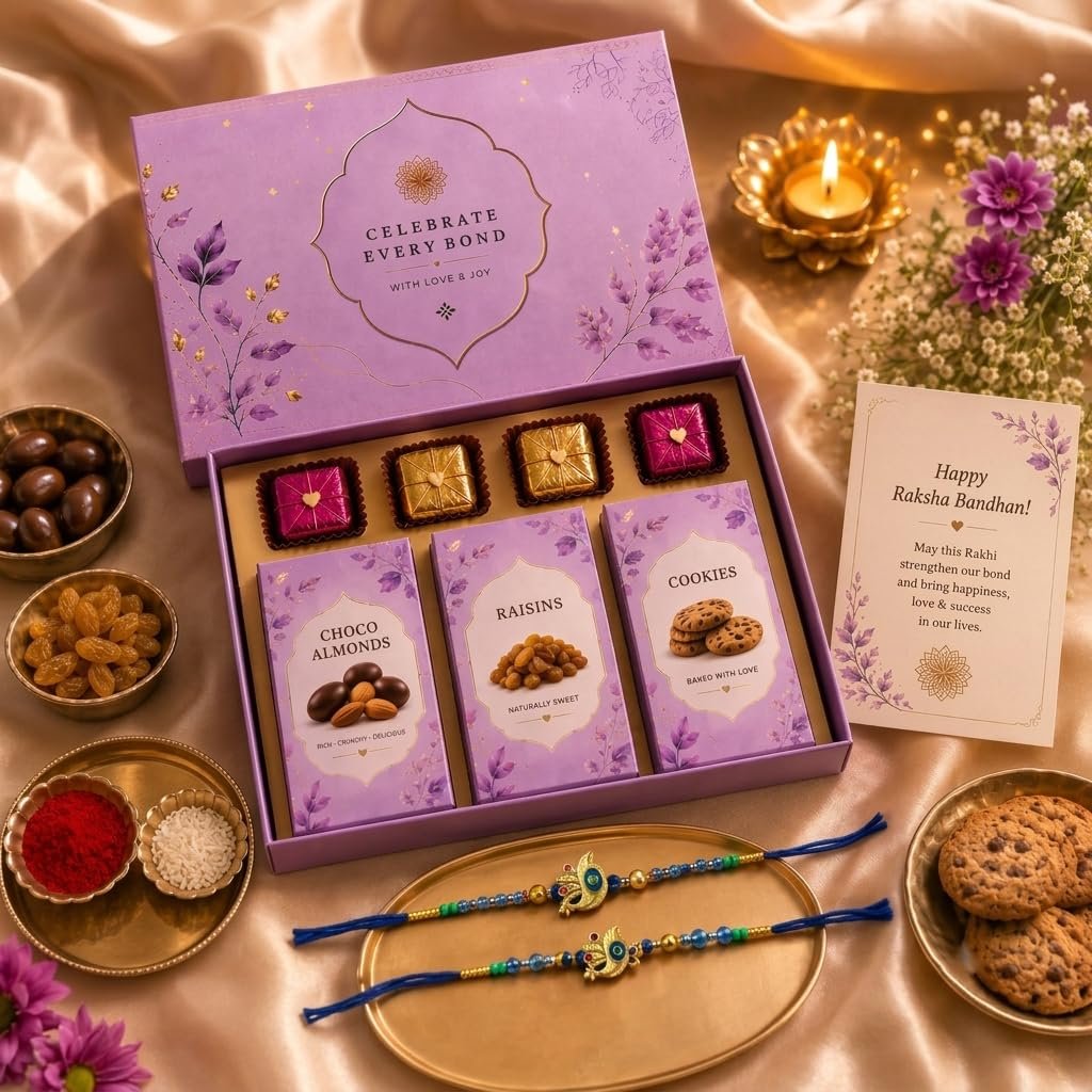MALVAS FOOD Rakhi Gift Hamper for Brother | Raksha Bandhan Gift Box with Rakhi, 4 Chocolates, Choco Almonds, Cookies, Raisins, Roli Chawal Chandan Mishri & Greeting Card | Festive Gift Pack