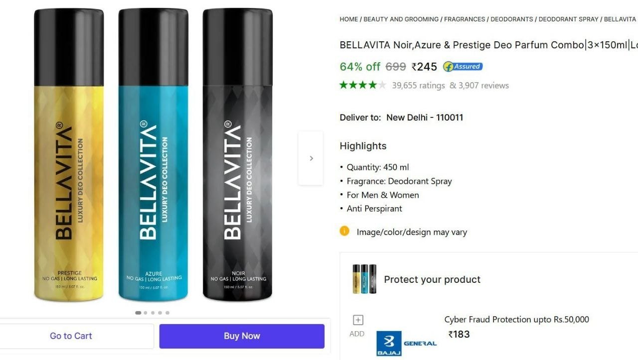 bellavita noir azure prestige deo parfum combo 3x150ml long lasting body spray deodorant spray men w