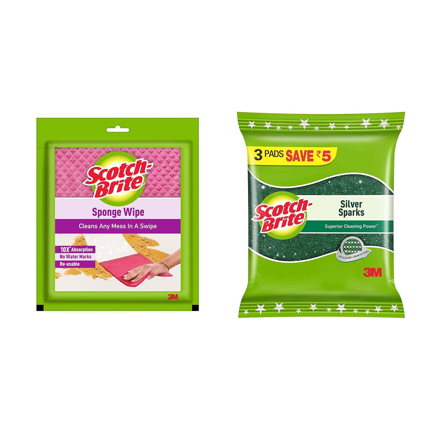 Scotch-Brite Sponge Wipe Large for Kitchen Cleaning(1 Unit) & Scotch-Brite Silver Sparks Scrub pad 3s Pack x 3 Pack for dishwashing (9 Units)