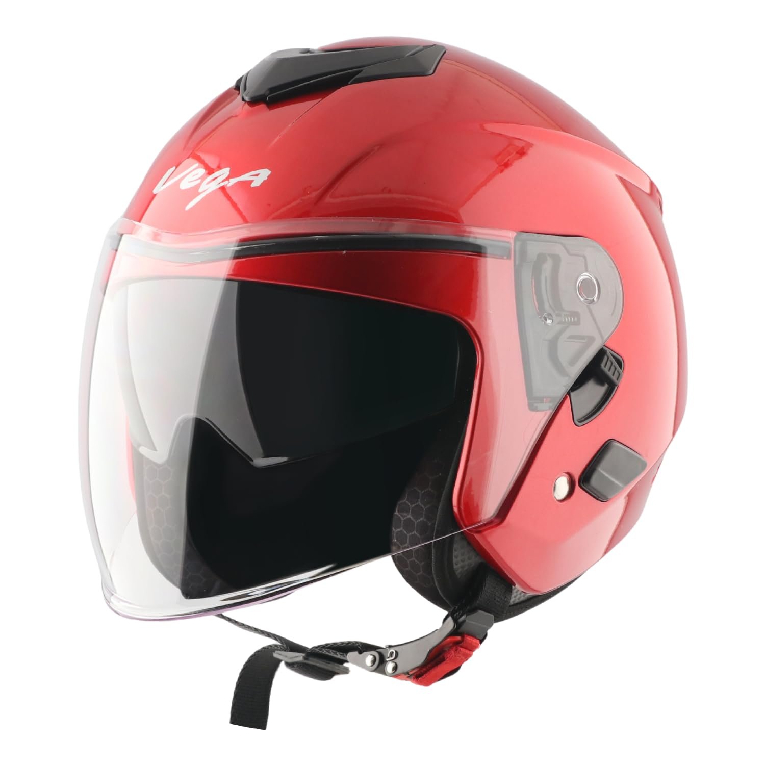 Vega VO 04 Punch Dual Visor Open Face Riding Helmet with Lightweight Shell, Shock-Absorbing Liner, Comfortable Interior, Aerodynamic Design, Ventilated Fit, and Modern Cherry Red Styling Cherry Red M
