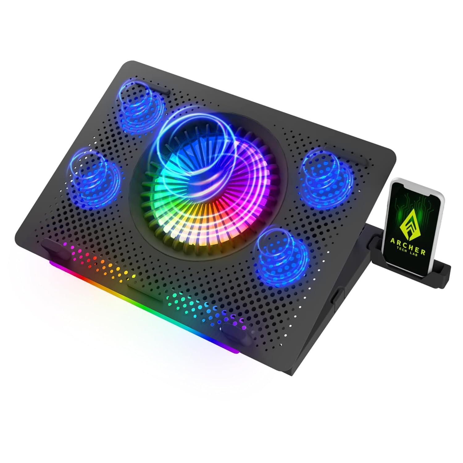 Archer Tech Lab Cooling Pad Stand for Gaming Laptop with RGB Lighting, 5 Turbo Cooler Fans, 5 Adjustable Angles, Aluminum Metal Grid, Phone Holder, Supports upto 17" Laptop for Gaming Work(Squall 