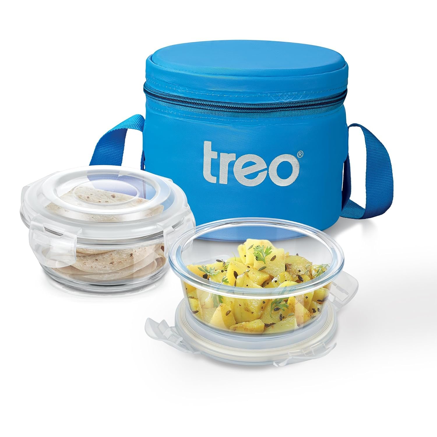 Treo by Milton Sky Lite Tiffin Horizontal | 2 Round Containers (400 ml Each) with Jacket | Borosilicate Glass | Airtight Leak-Proof Lids | Microwave & Oven Safe | Ideal for Office & Travel, Bl