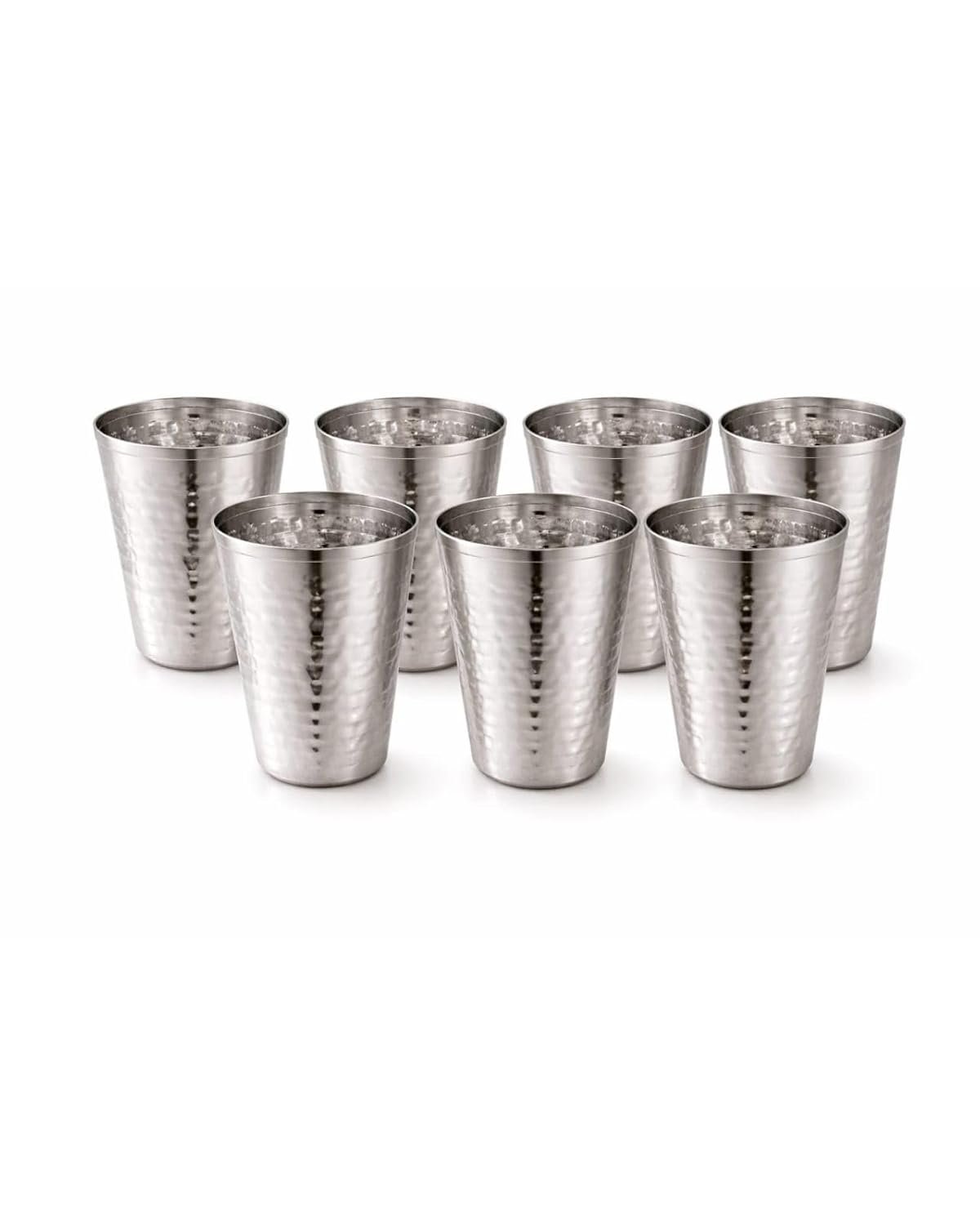 Tosaa Stainless Steel V Shape Hammered Finish Glasses Pack of 6 - Non-Reactive Material Keeps Beverages Safe and Fresh, Suitable for Water, Juice, Milk, Or Cold Beverages