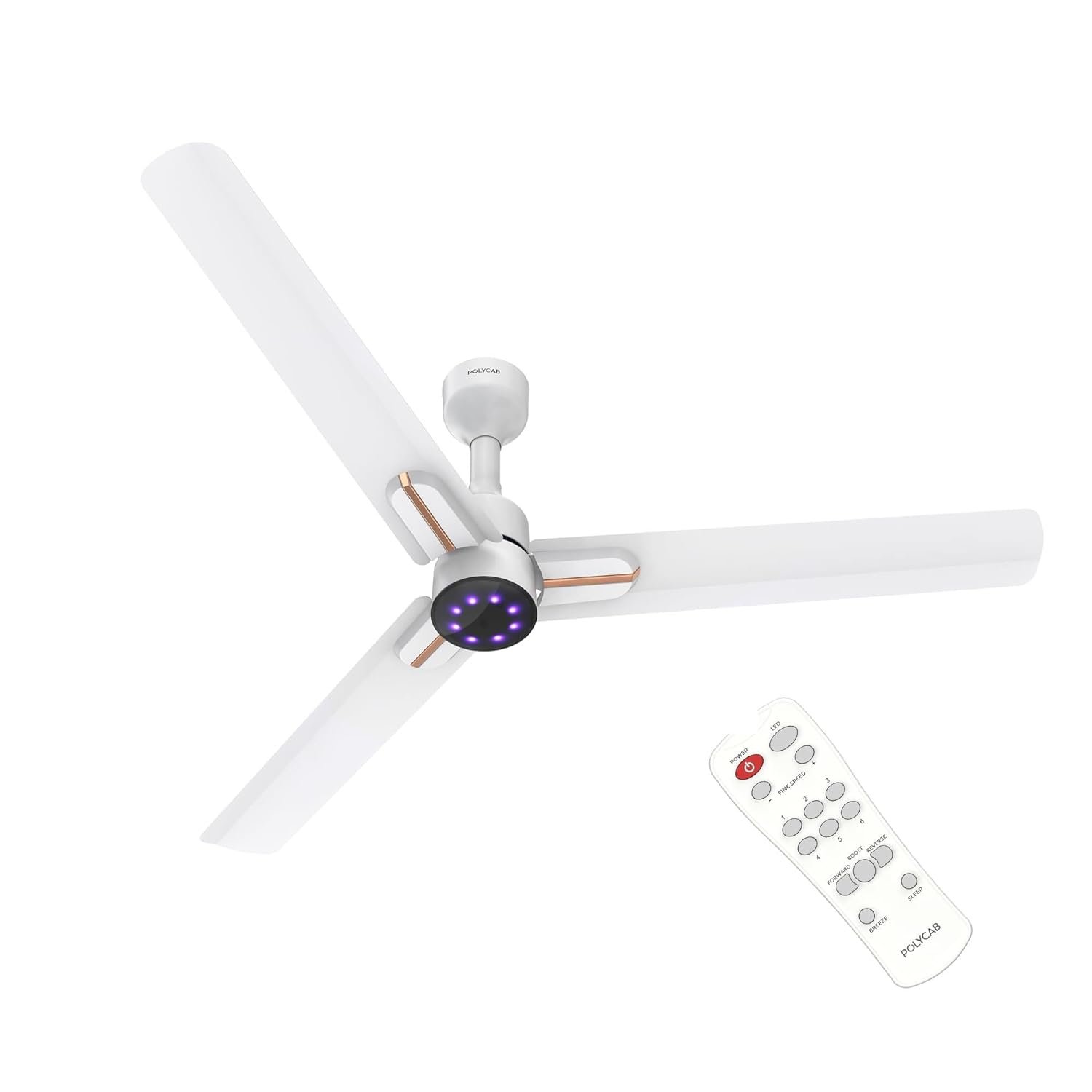 Polycab Wizzy Neo LED 2.0 1200mm BLDC Ceiling Fan with remote| BEE 5 Star Rated, Higher Air Delivery| LED Indicator,Sleep and Breeze Mode |3 Years Warranty【Matt White Rosegold】