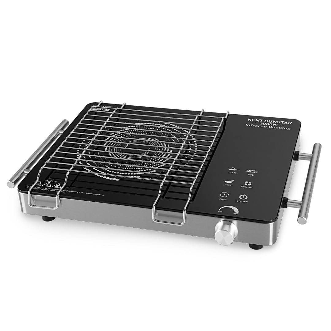 KENT Sunstar Infrared Cooktop 2000W | 3 Preset Menus | Grill Stand to BBQ & Roast | Microcrystalline Glass | Digital Functions with LED Display | Adjustable Temperature Knob | SS Handle |Auto Cut-