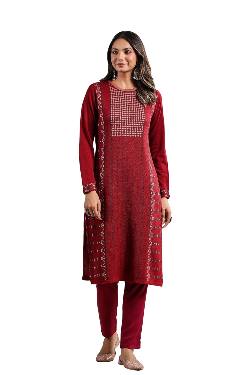 Ishin Womens Polyester Regular Fit Jacquard Style Geometric Pattern Straight Winterwear Kurta