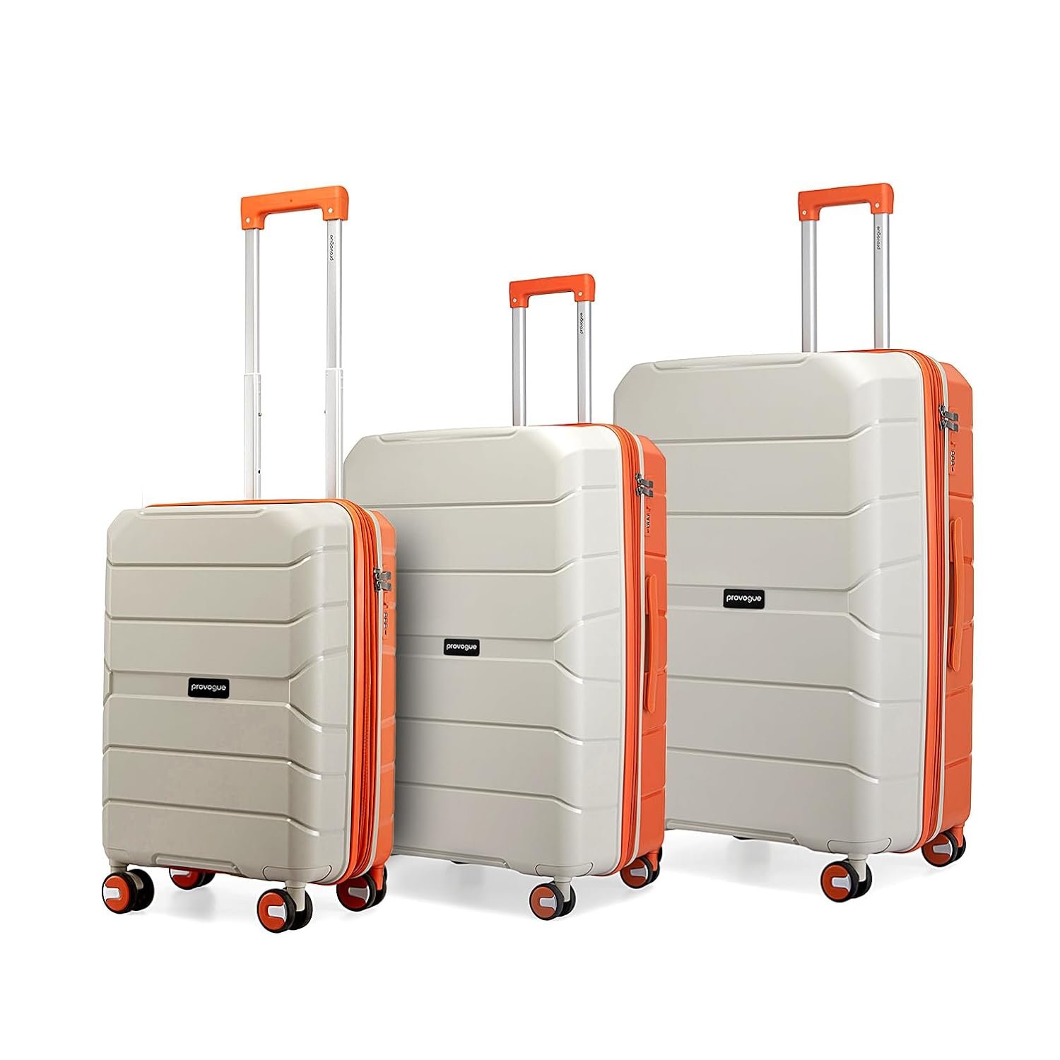 Provogue Cascade Hard-Sided PP Trolley Bag Set of 3 | Expandable Space with 8 Wheels Trolley Bags for Travel |Lightweight with Combination Lock|5 Year Warranty (Timberwolf Grey/Burnt Orange)