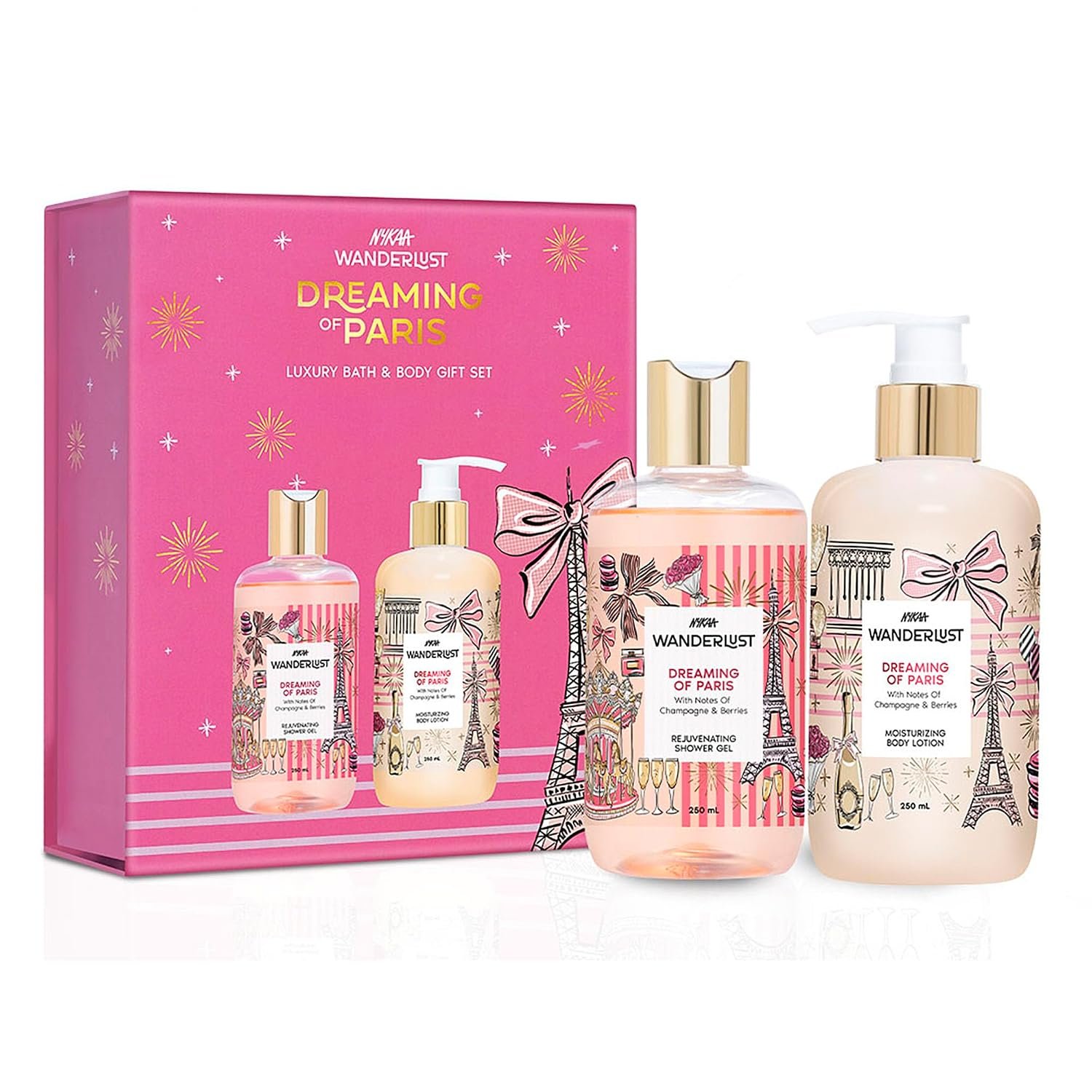 Nykaa Wanderlust Dreaming Of Paris Gift Set Of 2 For Women | Luxury Champagne & Berries Shower Gel & Lotion Combo | Rakhi & Festive Gift Set For Sister | Premium Luxury Gifting Combo for h