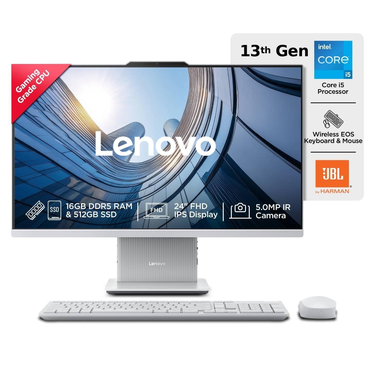 Lenovo IdeaCentre AIO Intel Core i5-13420H 24" FHD IPS (16GB RAM/512GB SSD/Win11/Microsoft 365 Basic + Office Home 2024/3Wx2 Harman/Wireless EOS Keyboard & Mouse,Grey), F0HN0107IN All-in-One D