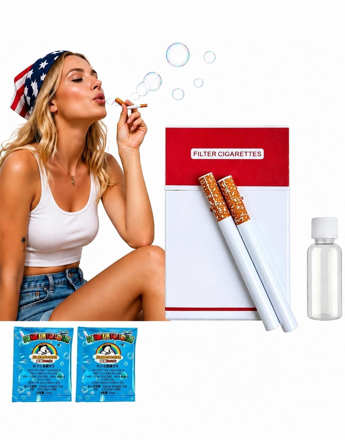 Bubble Cigarette Stress Relief Gift Set with Liquid Bottle and Storage Box, Reusable Bubble Maker for Outdoor Play and Party Activities