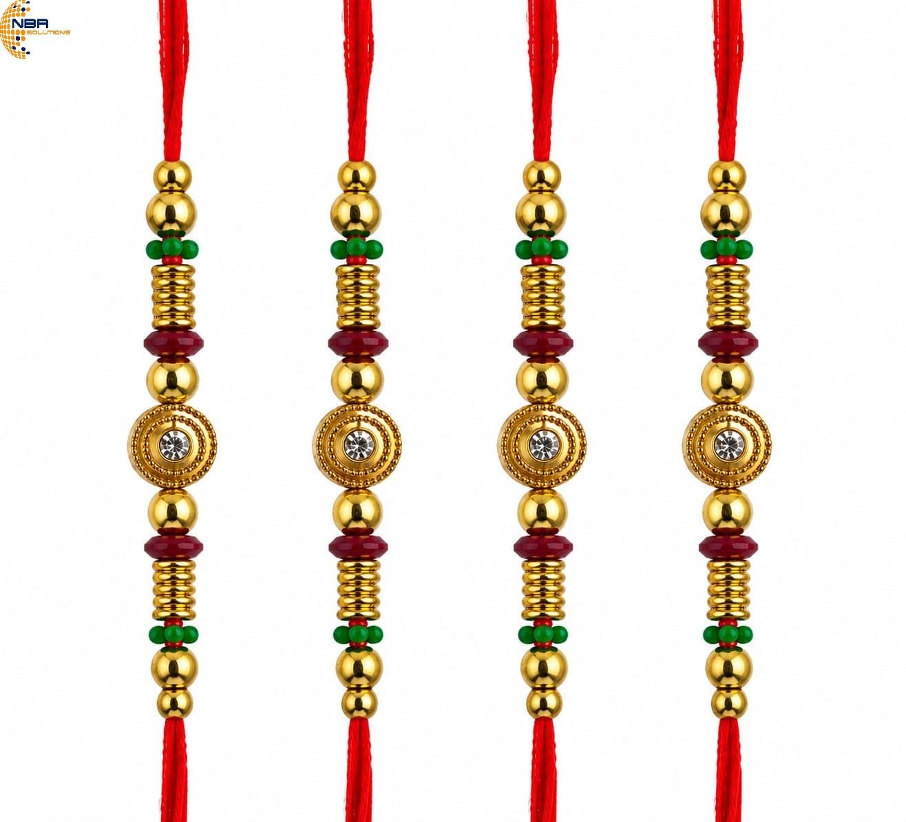 NBR Rakhi with Gold Beads, Red Thread, Crystal Centre and MultiColoured Beads for Bhai and Bhabhi- Pack of 4