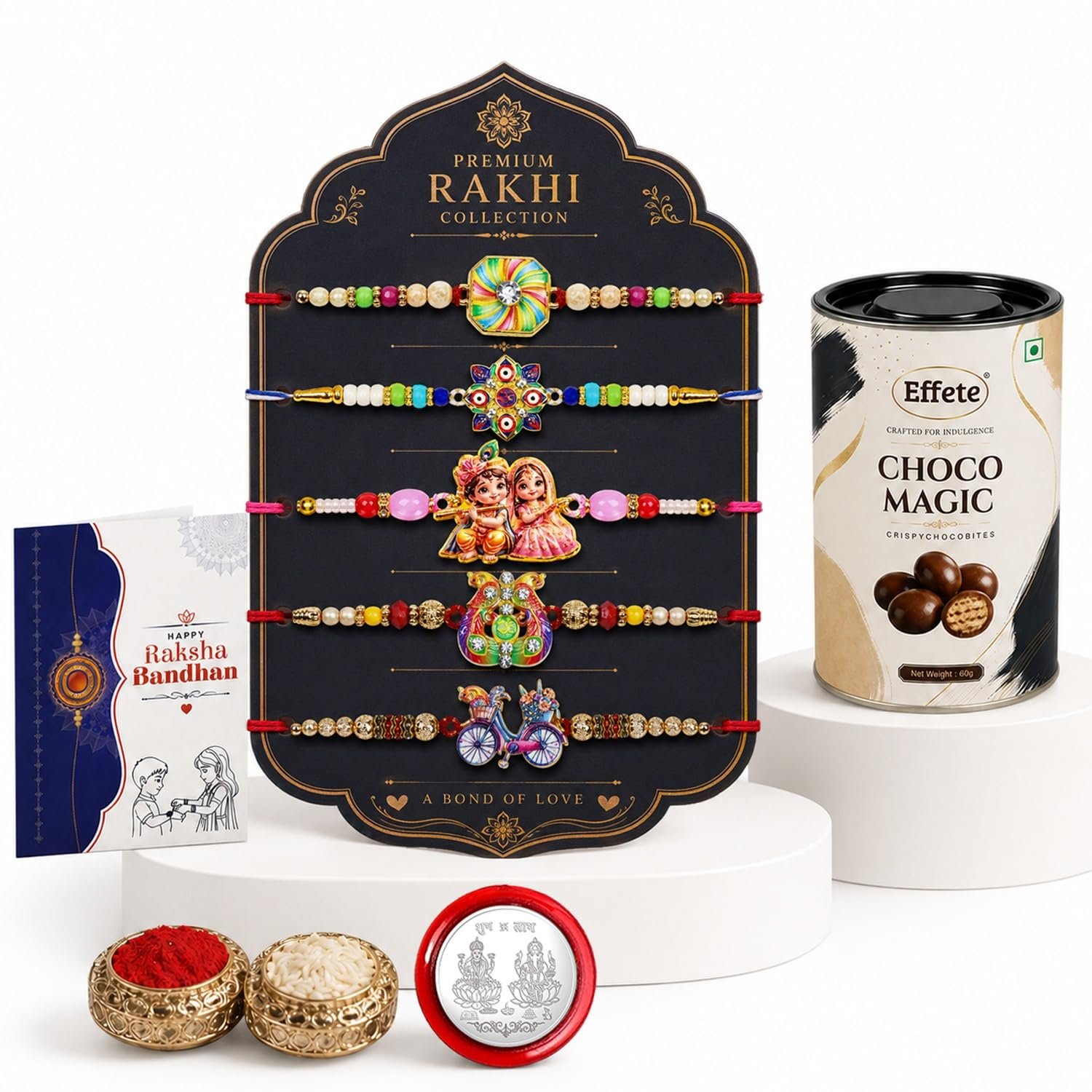 DeoDap Rakhi with Chocolate for Brother – Multi Design Colorful Rakhi 5 Pcs with Choco Magic Chocolate (96g) with Silver Color Pooja Coin, Greeting Card & Tilak Set – Traditional Raksha Bandhan Co