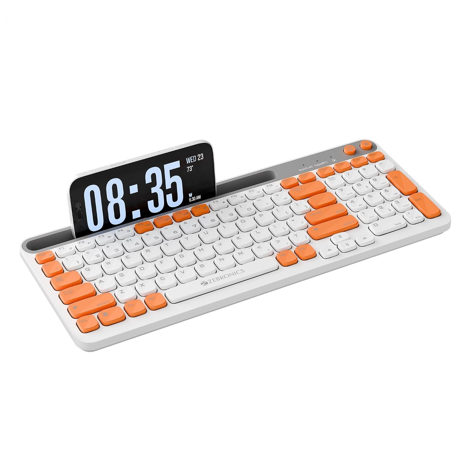Zebronics Keypad X3 Wireless Keyboard, 102 Keys, 12 Multimedia Keys, 2.4GHz + BT, UV Coated Keycaps, Mobile & Tablet Holder, ₹ Rupee Key, Retractable Stand, USB Nano Receiver (Dawn Orange)