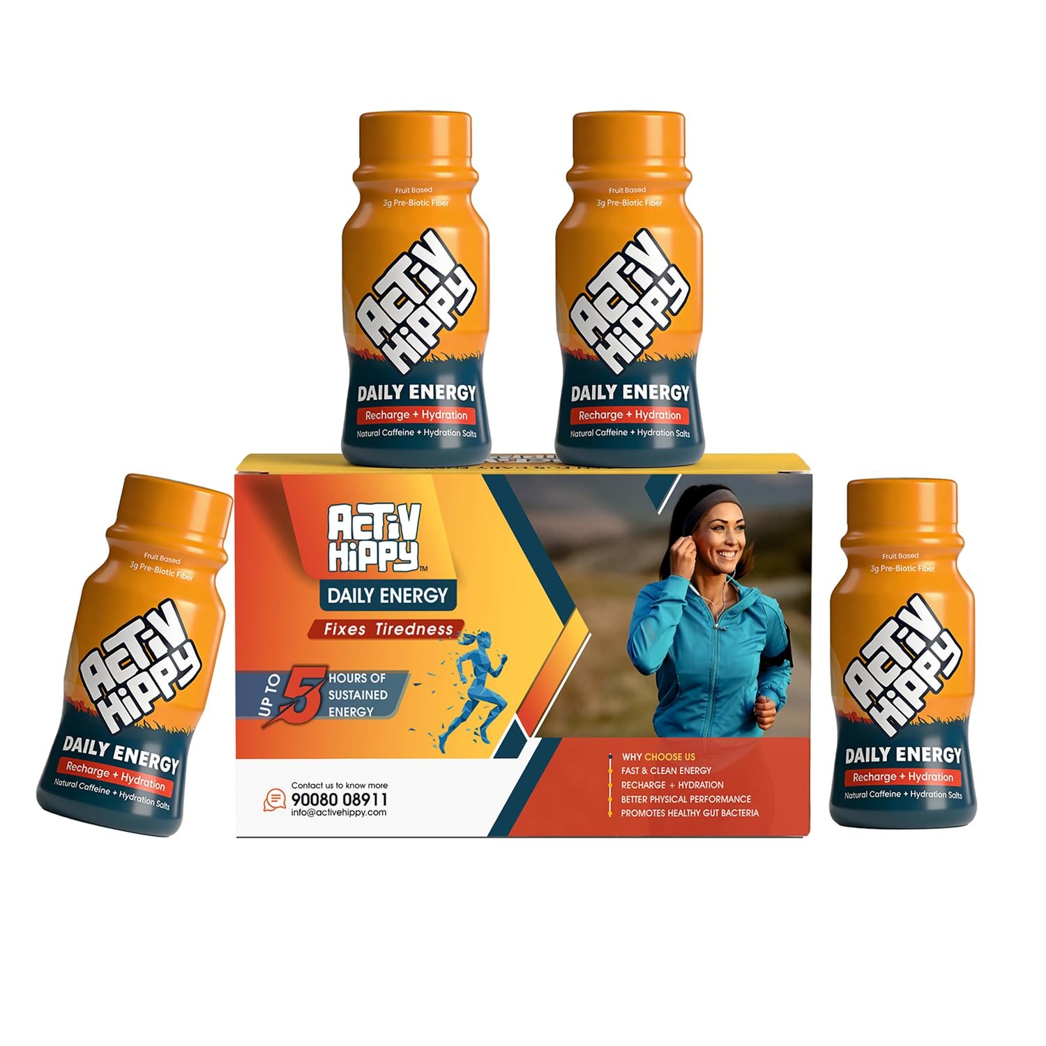 ActivHippy Daily Energy Drink Shots | With 75 mg Natural Caffeine | No Added Sugar | Ginger Lemon Flavour| Pack of 4 x 60 ml